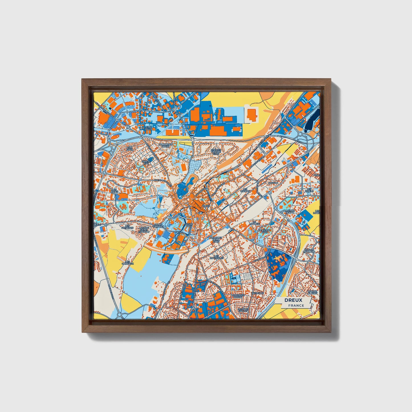Dreux France Colorful City Map Canvas Print • Dark Wooden Framed