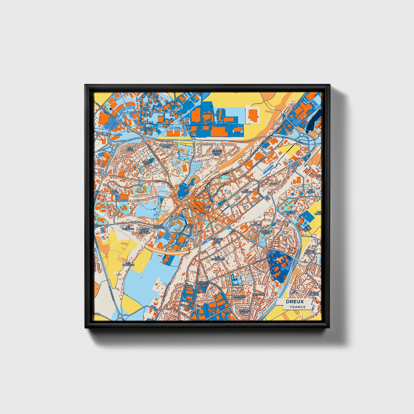 Dreux France Colorful City Map Canvas Print • Black Framed
