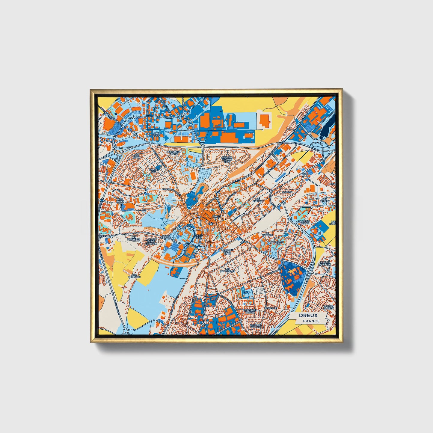 Dreux France Colorful City Map Canvas Print • Gold Framed