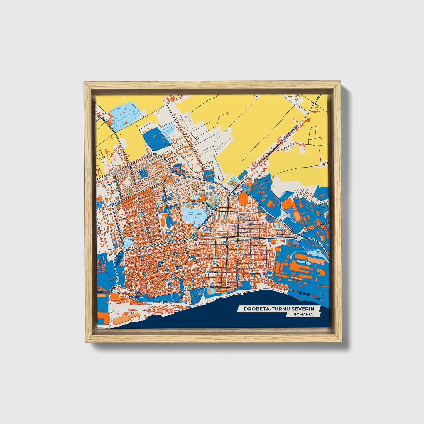 Drobeta-Turnu Severin Romania Colorful City Map Canvas Print • Natural Wooden Framed