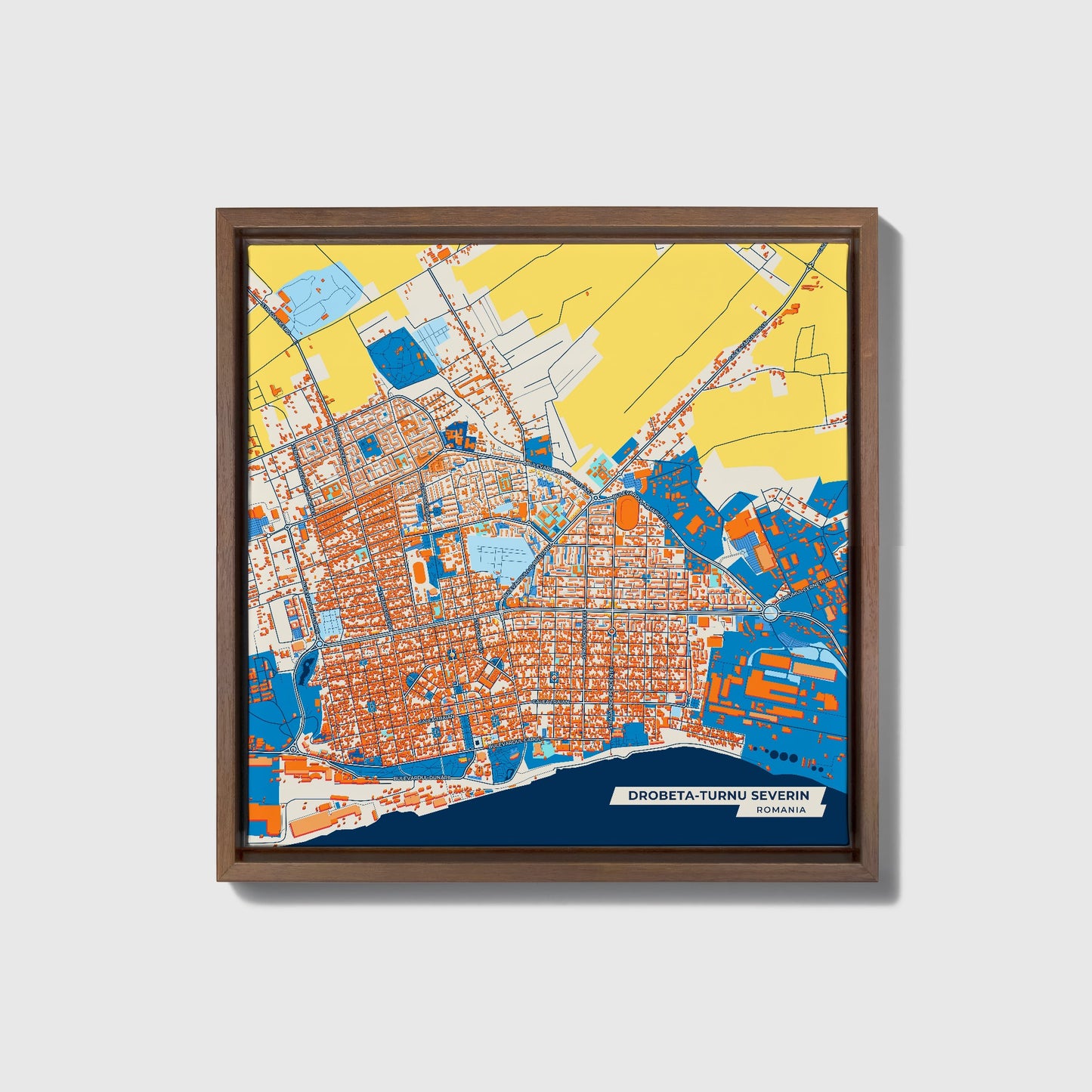 Drobeta-Turnu Severin Romania Colorful City Map Canvas Print • Dark Wooden Framed