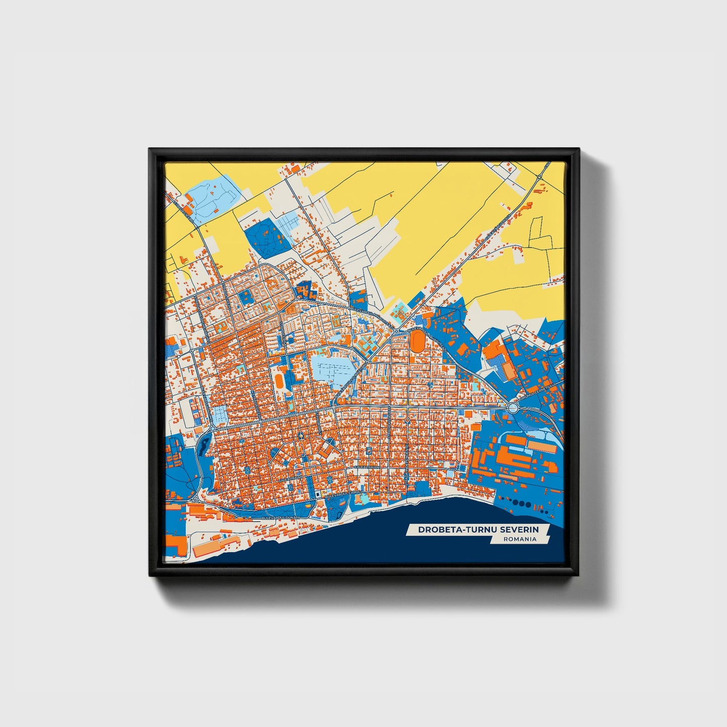 Drobeta-Turnu Severin Romania Colorful City Map Canvas Print • Black Framed