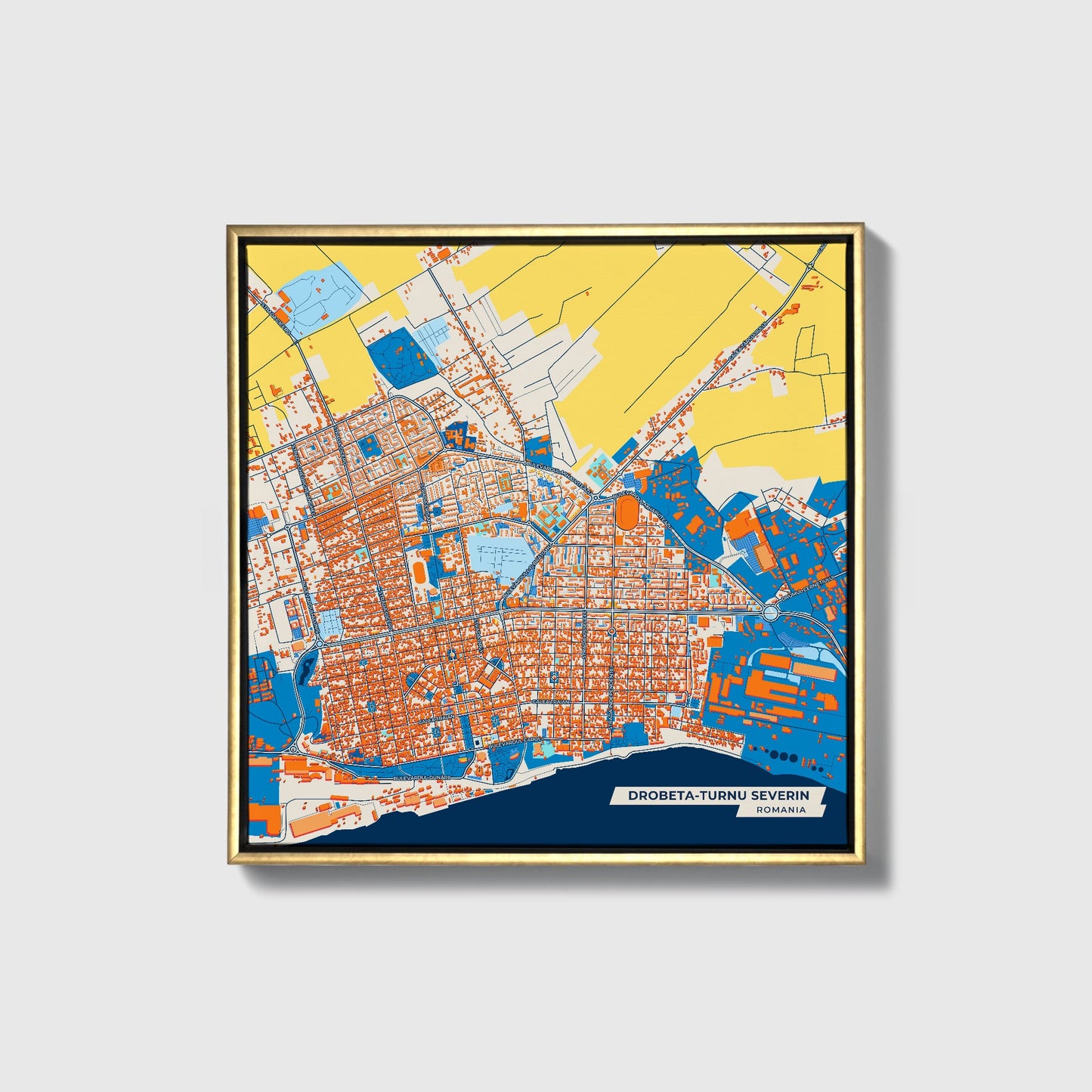 Drobeta-Turnu Severin Romania Colorful City Map Canvas Print • Gold Framed
