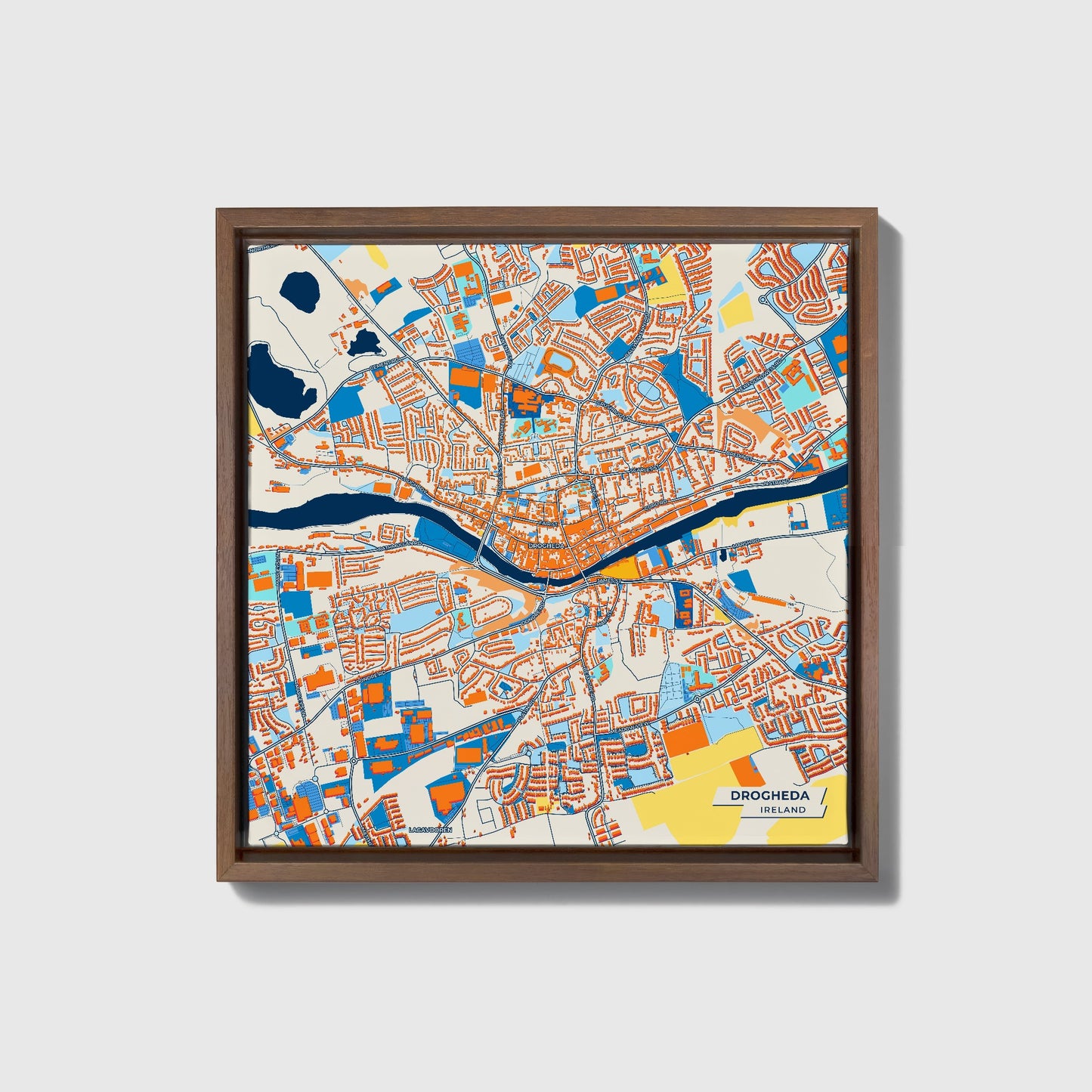 Drogheda Ireland Colorful City Map Canvas Print • Dark Wooden Framed
