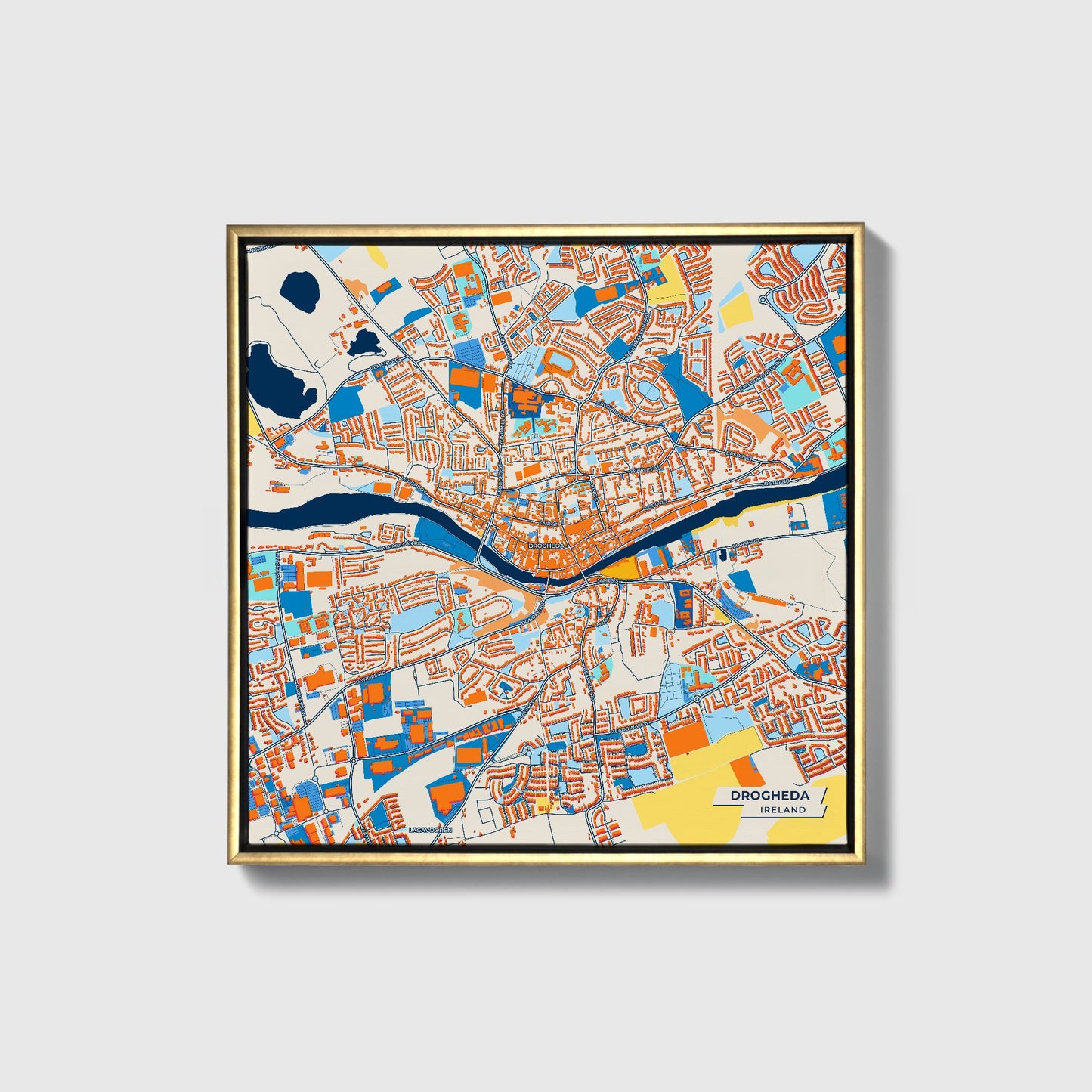 Drogheda Ireland Colorful City Map Canvas Print • Gold Framed