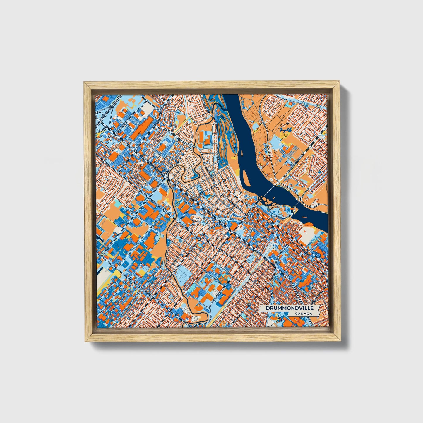 Drummondville Canada Colorful City Map Canvas Print • Natural Wooden Framed