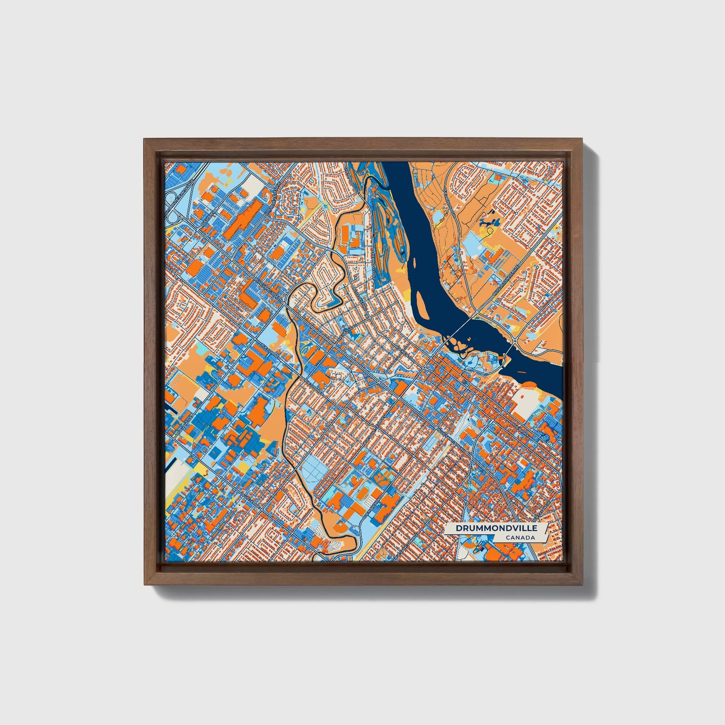 Drummondville Canada Colorful City Map Canvas Print • Dark Wooden Framed