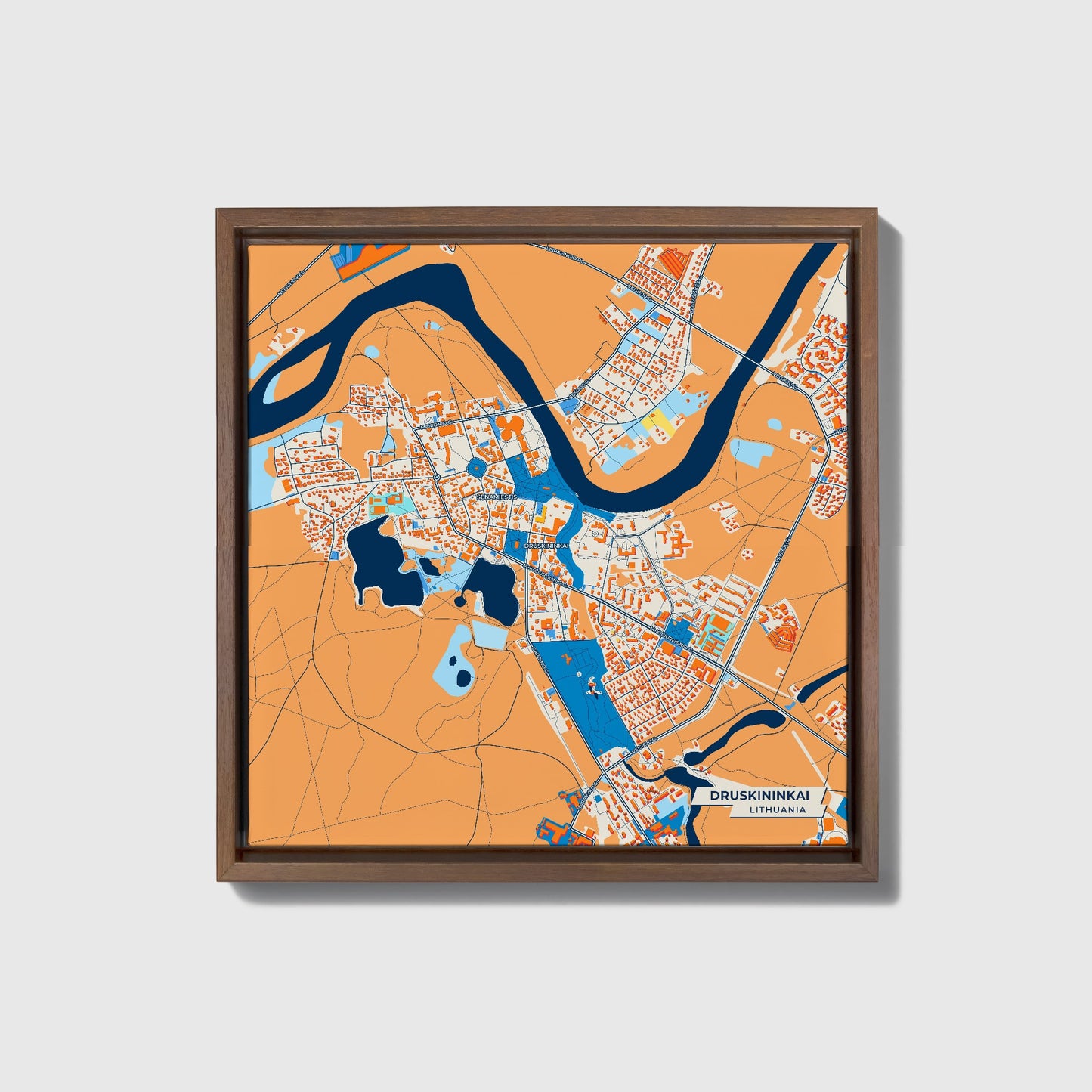 Druskininkai Lithuania Colorful City Map Canvas Print • Dark Wooden Framed
