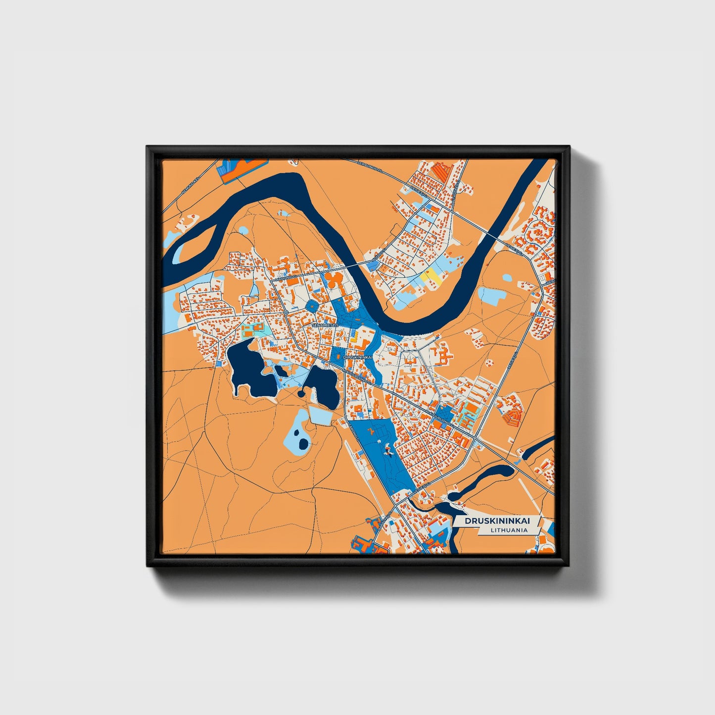 Druskininkai Lithuania Colorful City Map Canvas Print • Black Framed