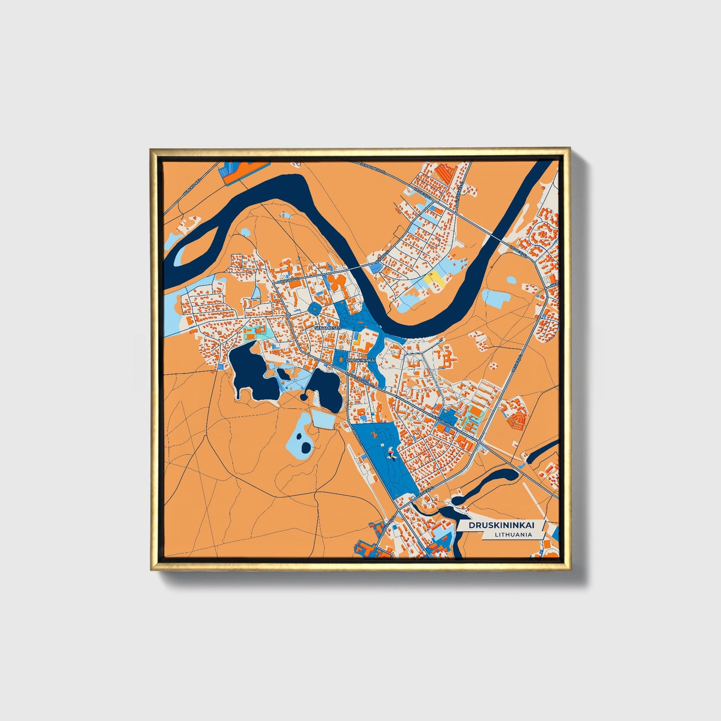 Druskininkai Lithuania Colorful City Map Canvas Print • Gold Framed