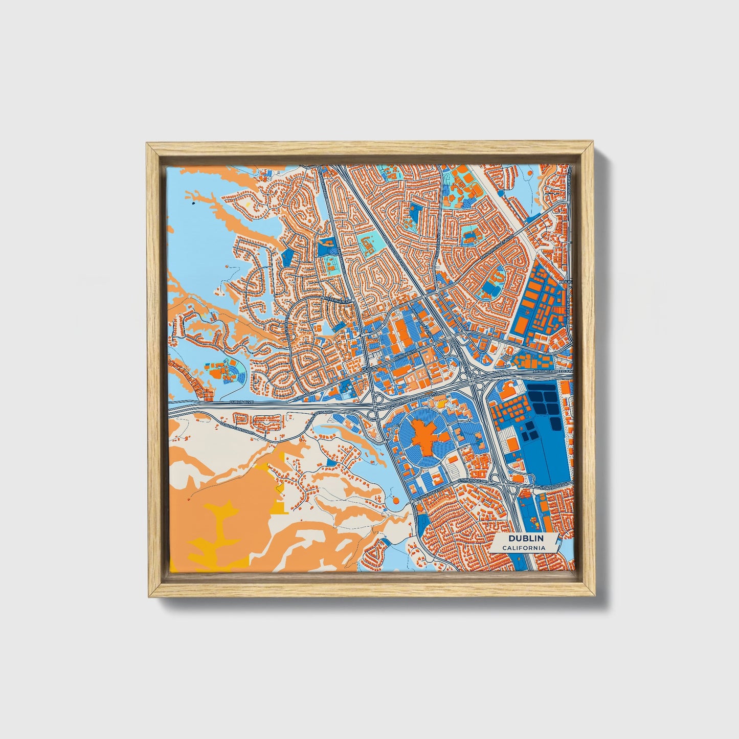 Dublin California Colorful City Map Canvas Print • Natural Wooden Framed