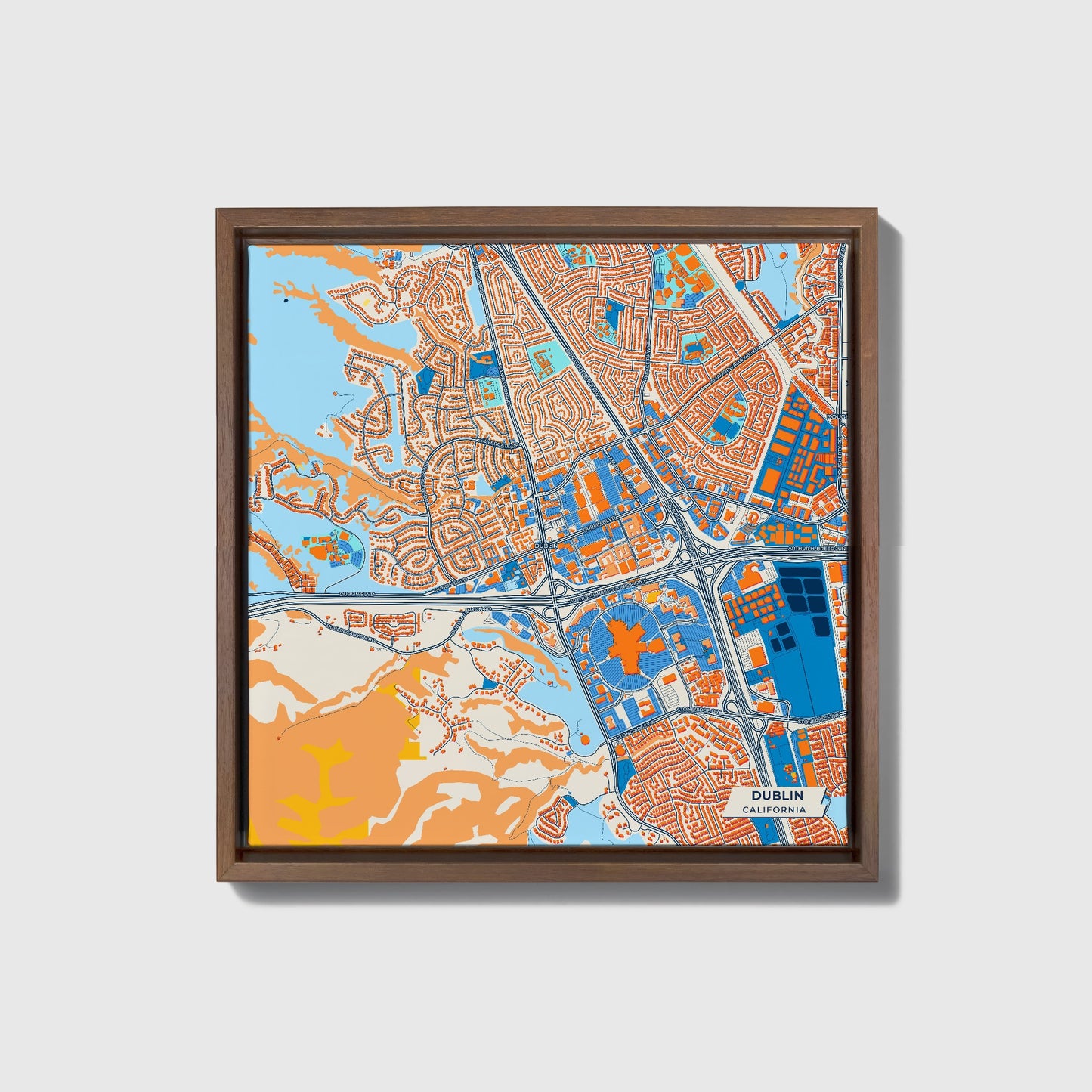 Dublin California Colorful City Map Canvas Print • Dark Wooden Framed
