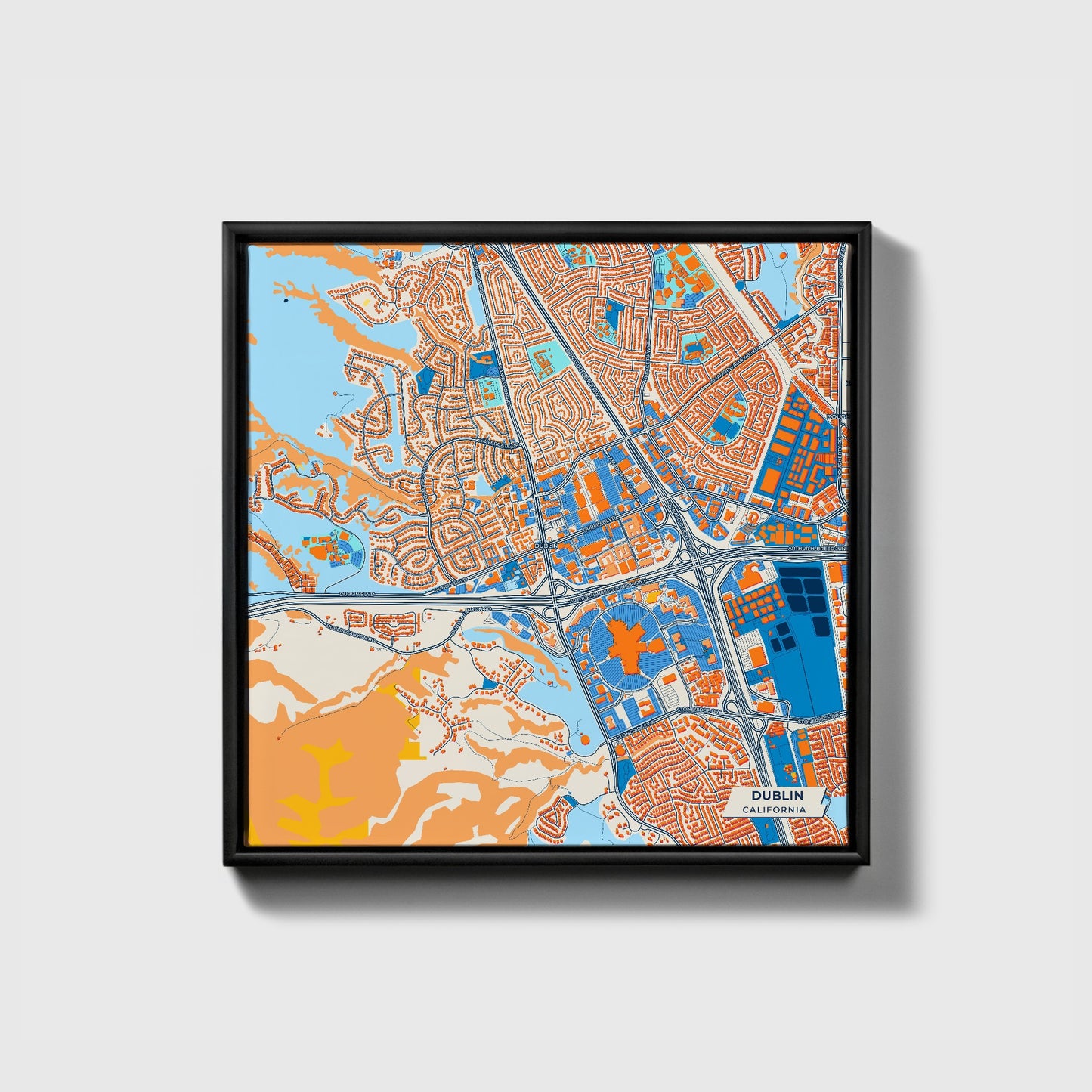 Dublin California Colorful City Map Canvas Print • Black Framed