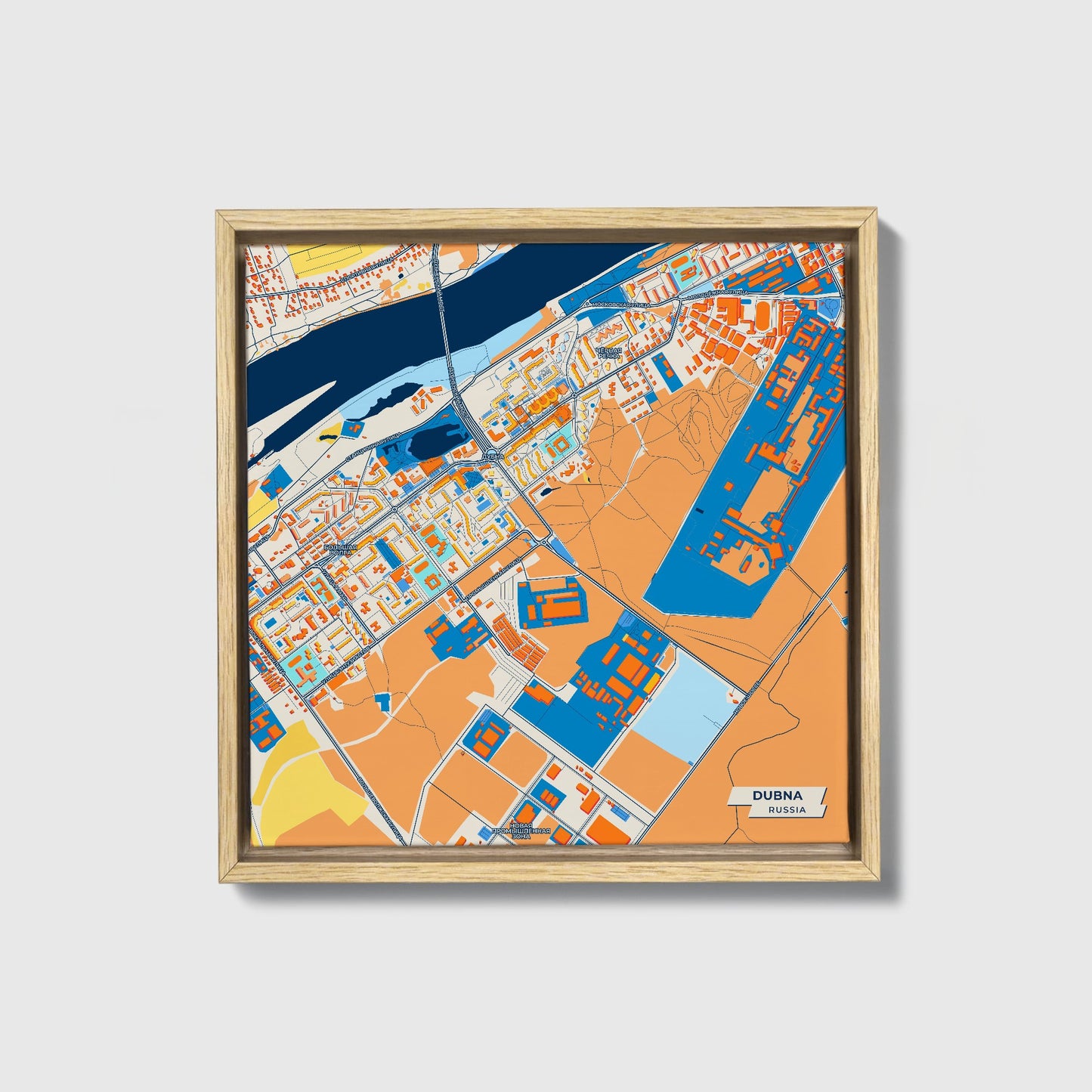Дубна Russia Colorful City Map Canvas Print • Natural Wooden Framed