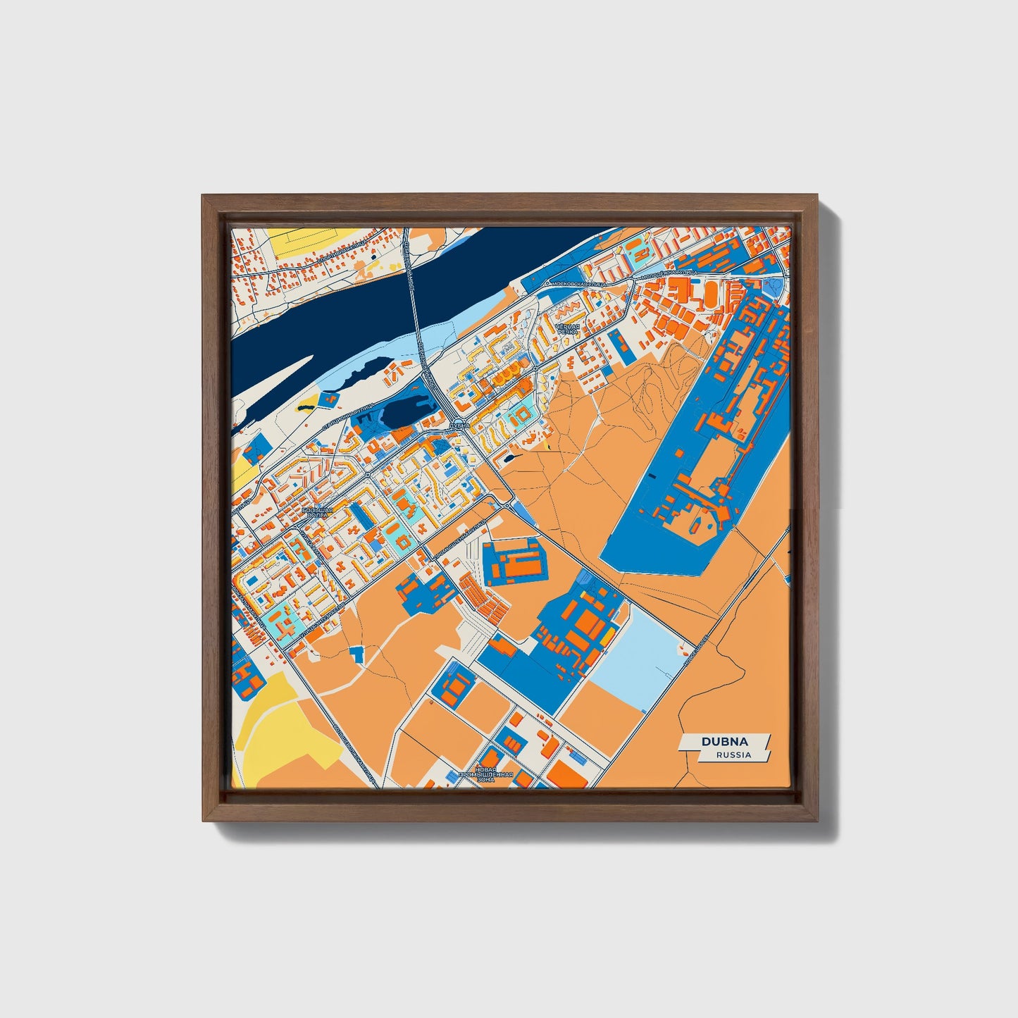 Дубна Russia Colorful City Map Canvas Print • Dark Wooden Framed