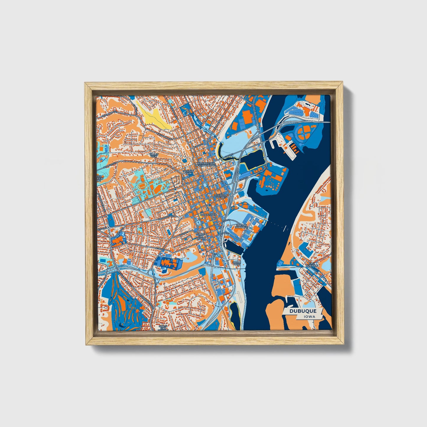 Dubuque Iowa Colorful City Map Canvas Print • Natural Wooden Framed