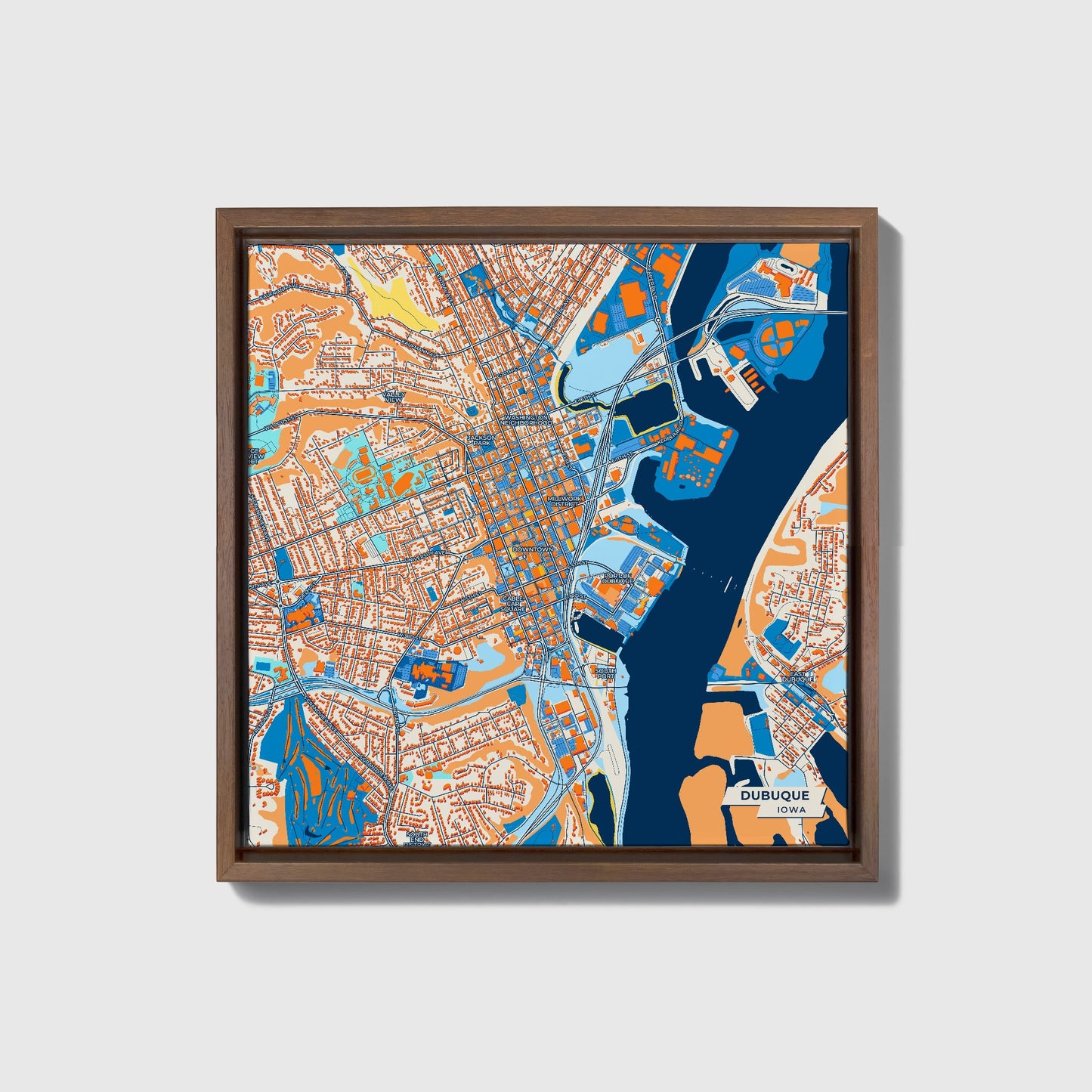 Dubuque Iowa Colorful City Map Canvas Print • Dark Wooden Framed