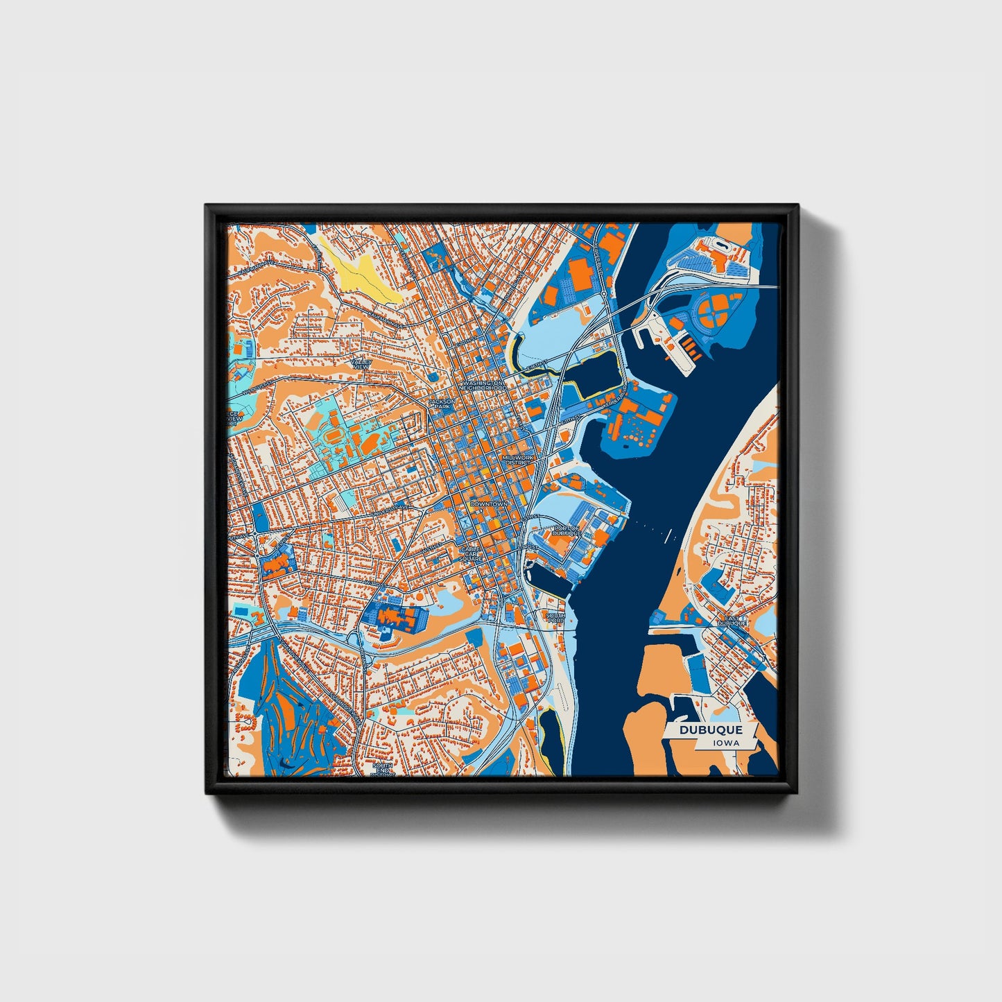 Dubuque Iowa Colorful City Map Canvas Print • Black Framed