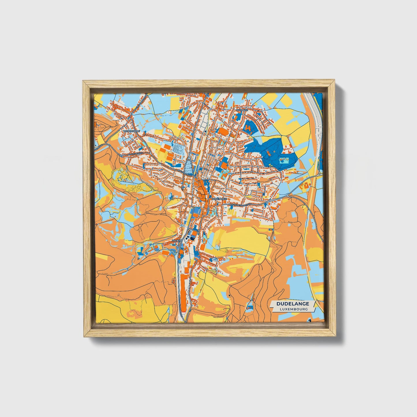 Dudelange Luxembourg Colorful City Map Canvas Print • Natural Wooden Framed