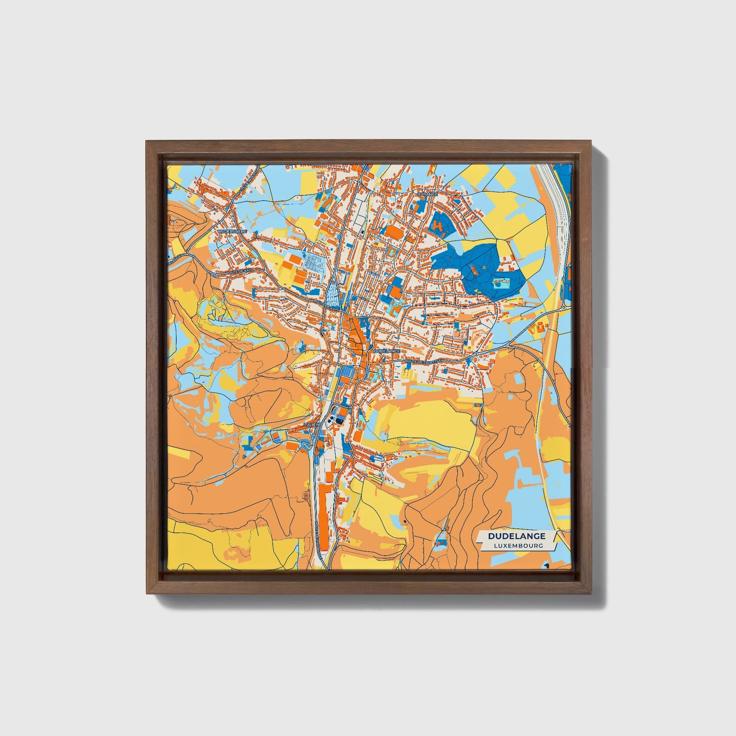 Dudelange Luxembourg Colorful City Map Canvas Print • Dark Wooden Framed