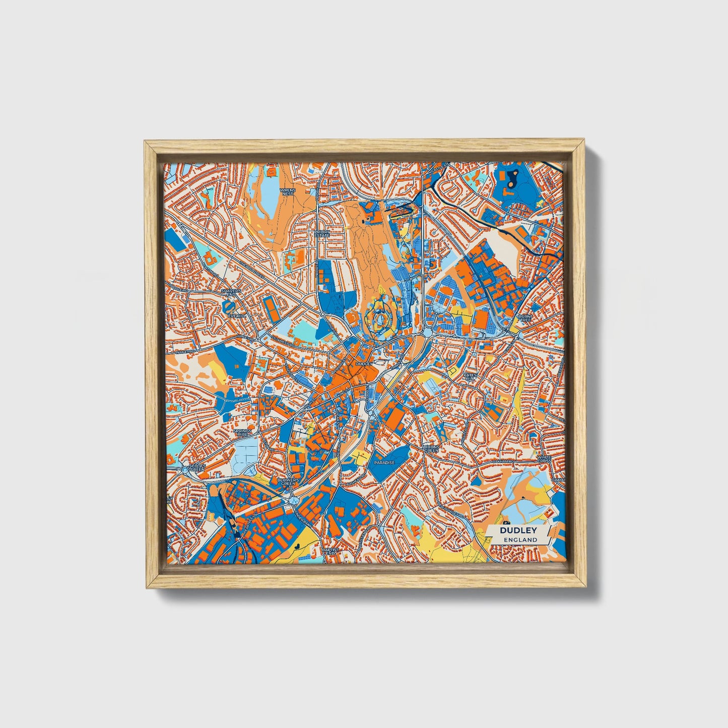 Dudley England Colorful City Map Canvas Print • Natural Wooden Framed