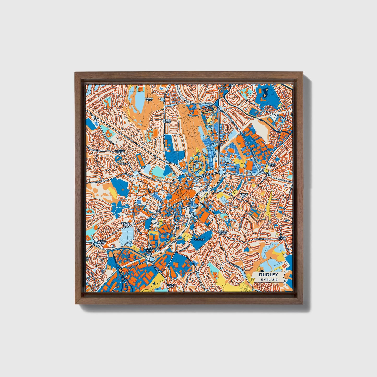Dudley England Colorful City Map Canvas Print • Dark Wooden Framed