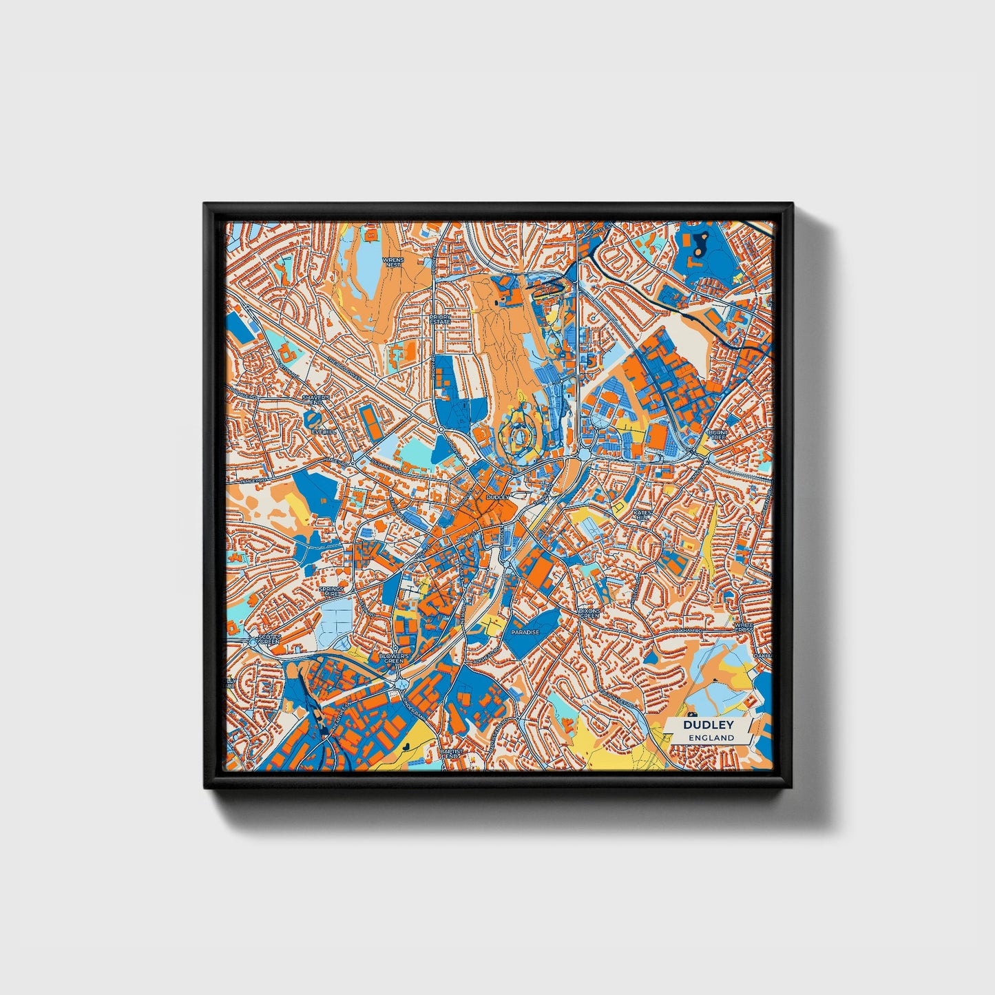 Dudley England Colorful City Map Canvas Print • Black Framed