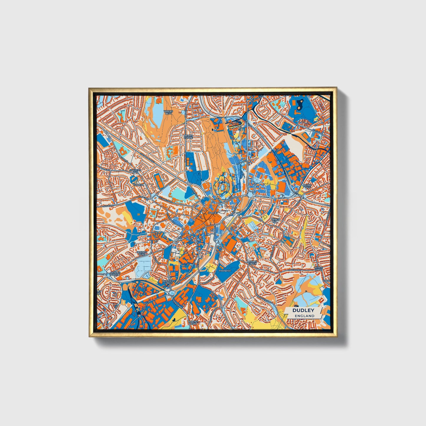Dudley England Colorful City Map Canvas Print • Gold Framed