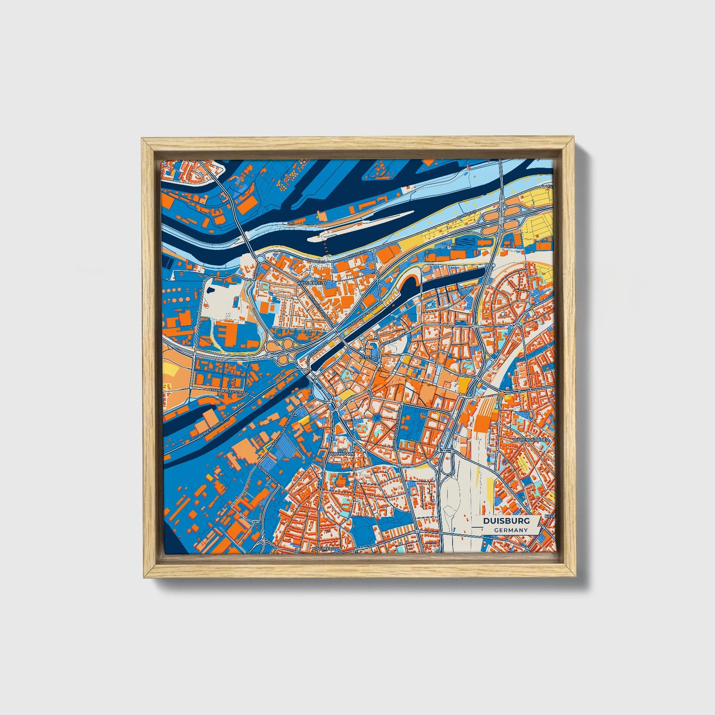 Duisburg Germany Colorful City Map Canvas Print • Natural Wooden Framed