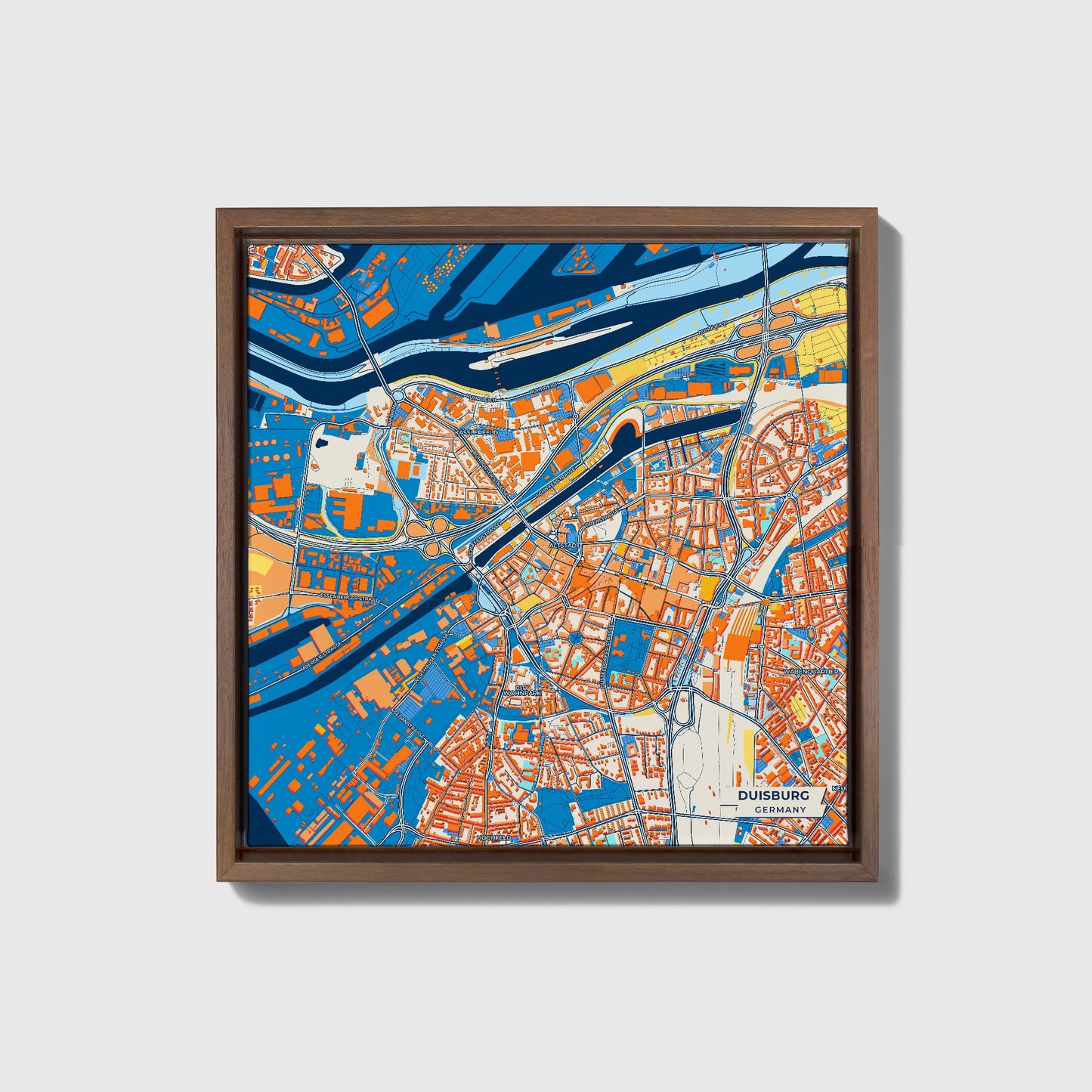 Duisburg Germany Colorful City Map Canvas Print • Dark Wooden Framed