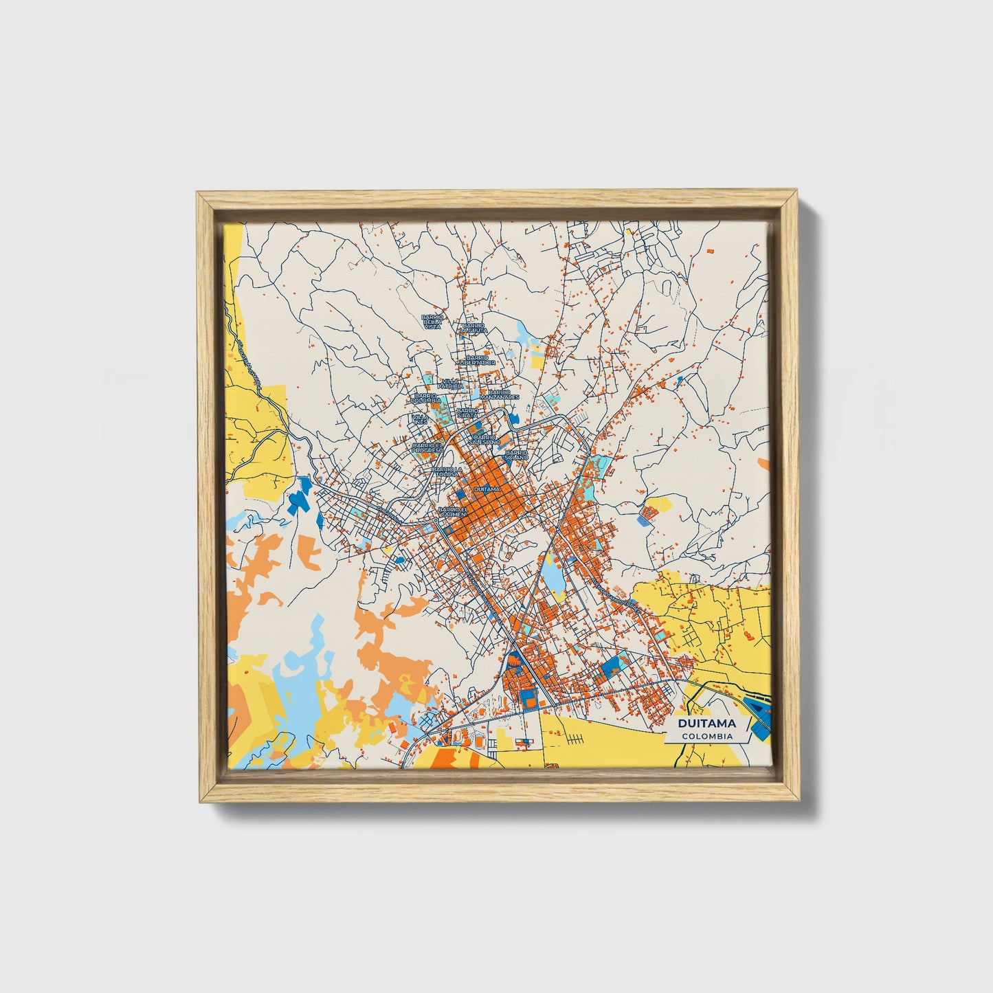 Duitama Colombia Colorful City Map Canvas Print • Natural Wooden Framed