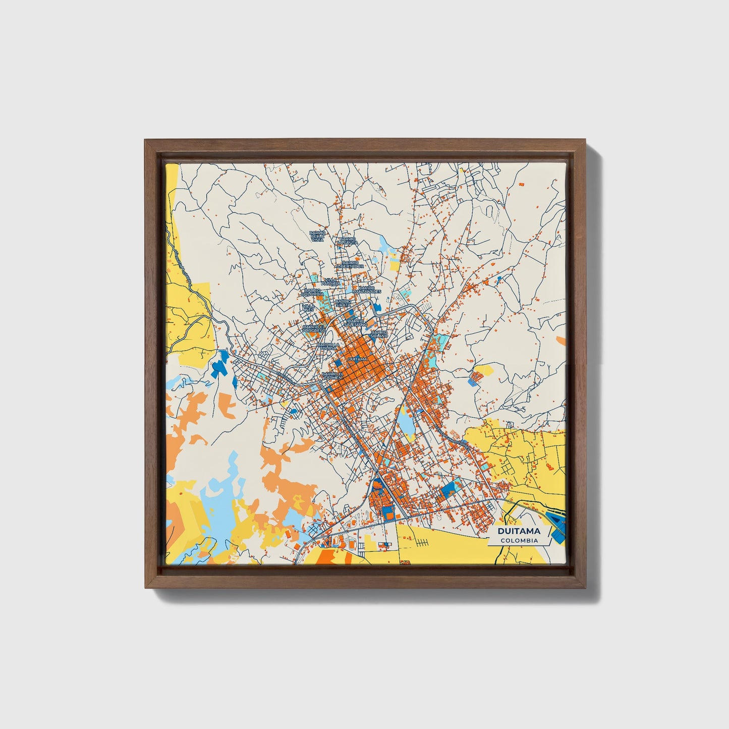 Duitama Colombia Colorful City Map Canvas Print • Dark Wooden Framed