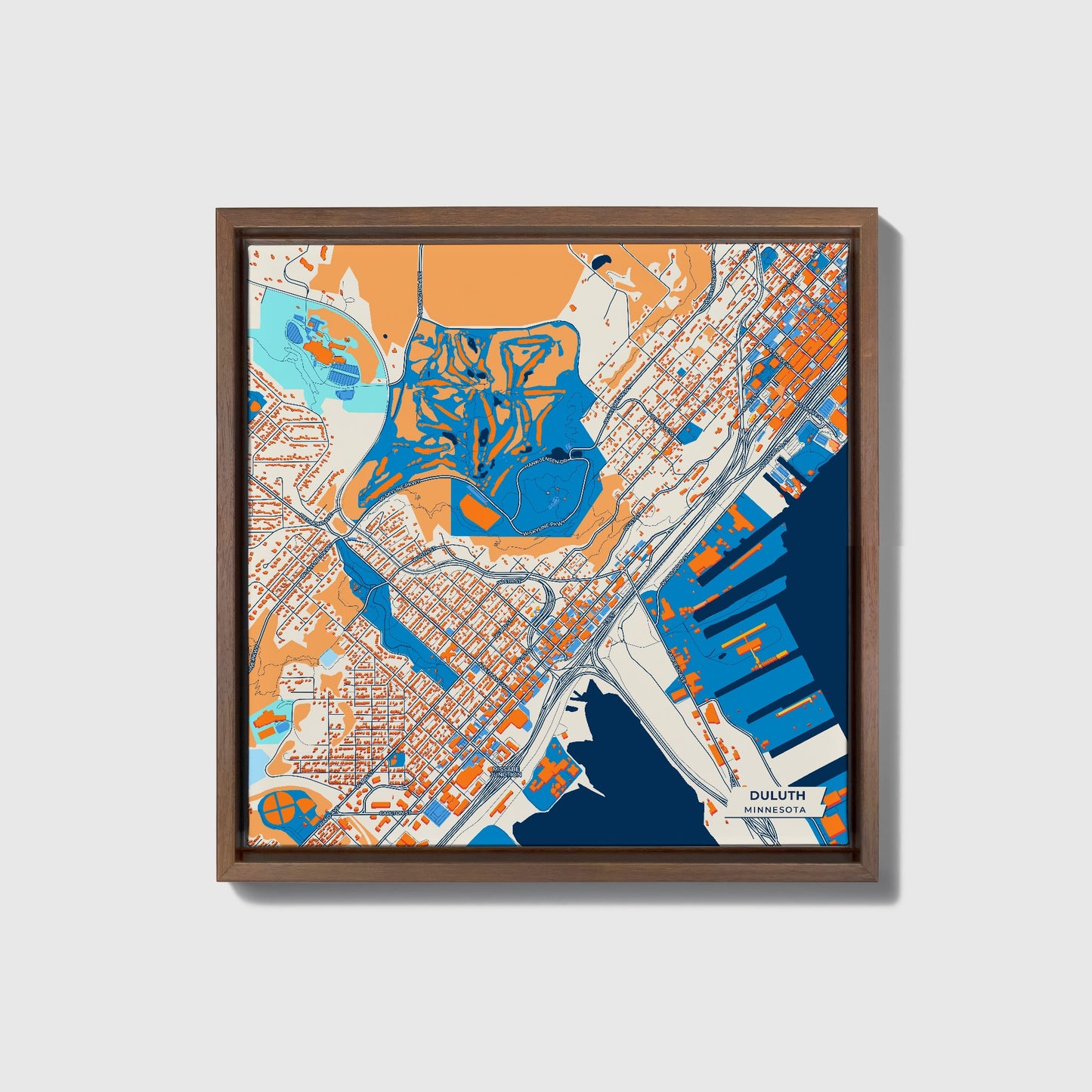 Duluth Minnesota Colorful City Map Canvas Print • Dark Wooden Framed