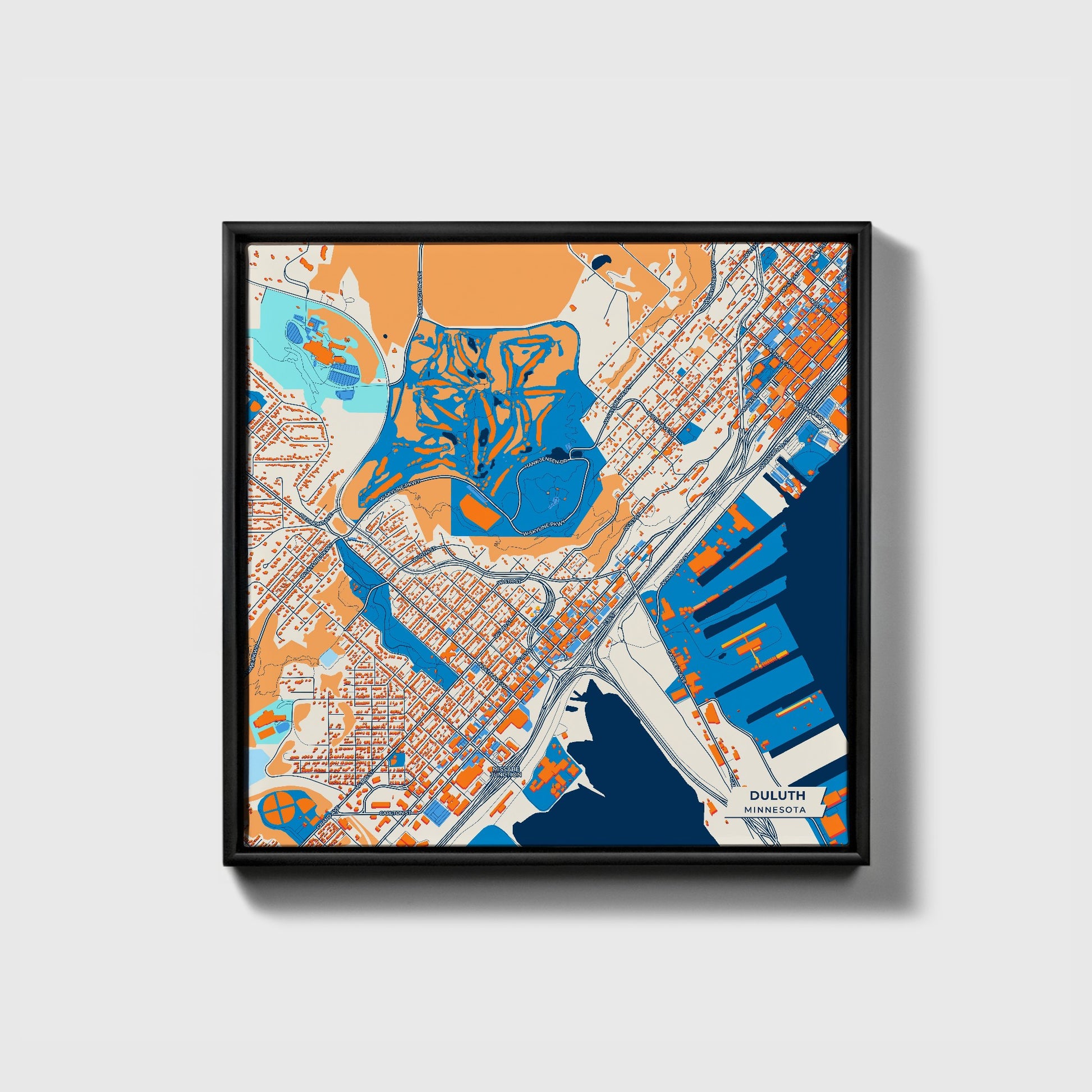 Duluth Minnesota Colorful City Map Canvas Print • Black Framed