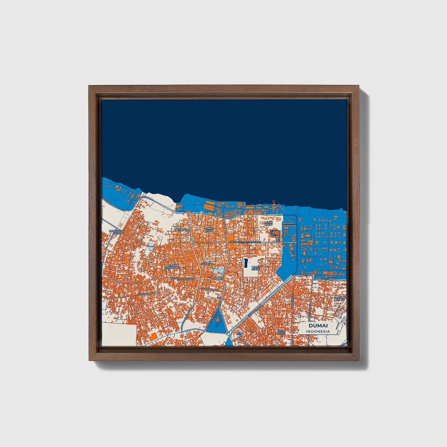 Dumai Indonesia Colorful City Map Canvas Print • Dark Wooden Framed