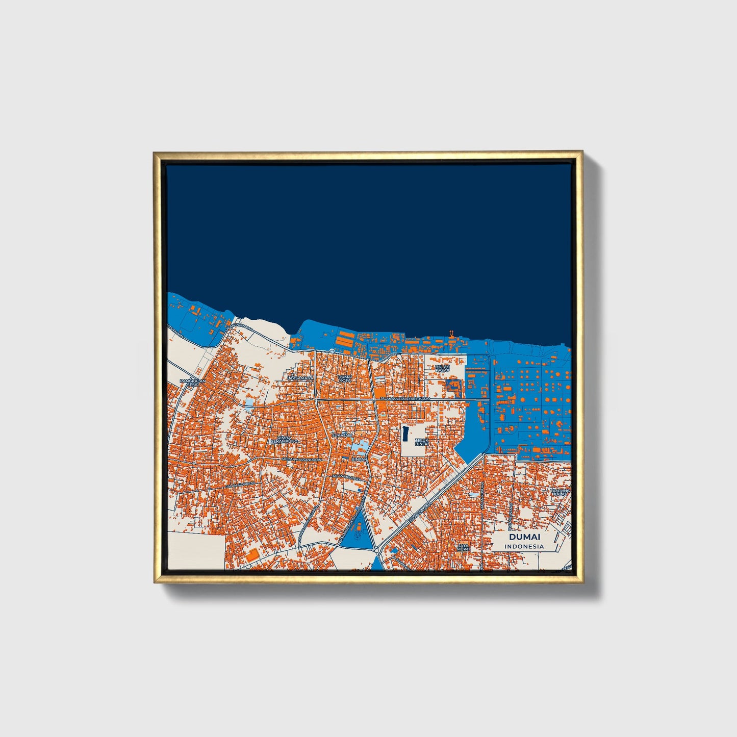 Dumai Indonesia Colorful City Map Canvas Print • Gold Framed