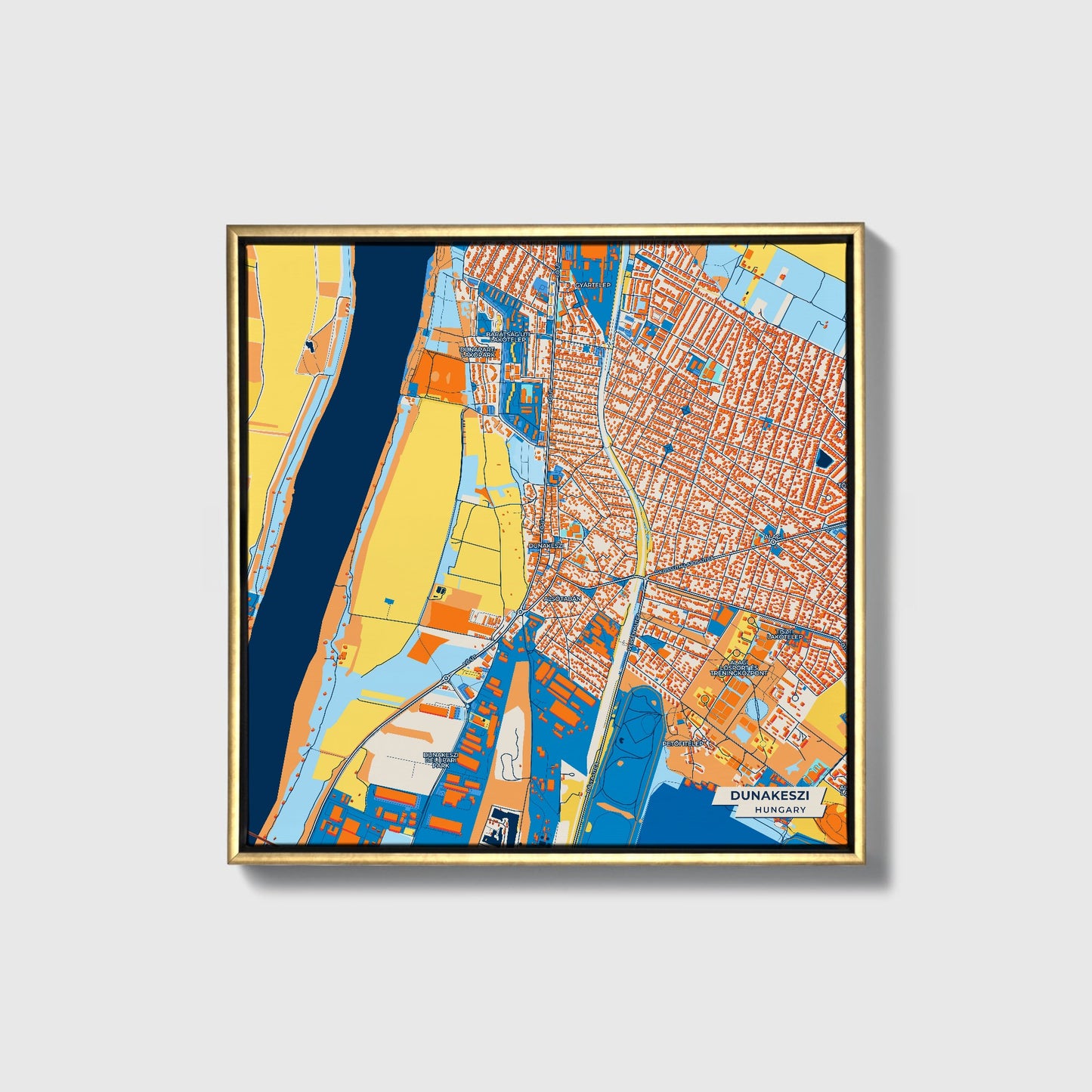 Dunakeszi Hungary Colorful City Map Canvas Print • Gold Framed