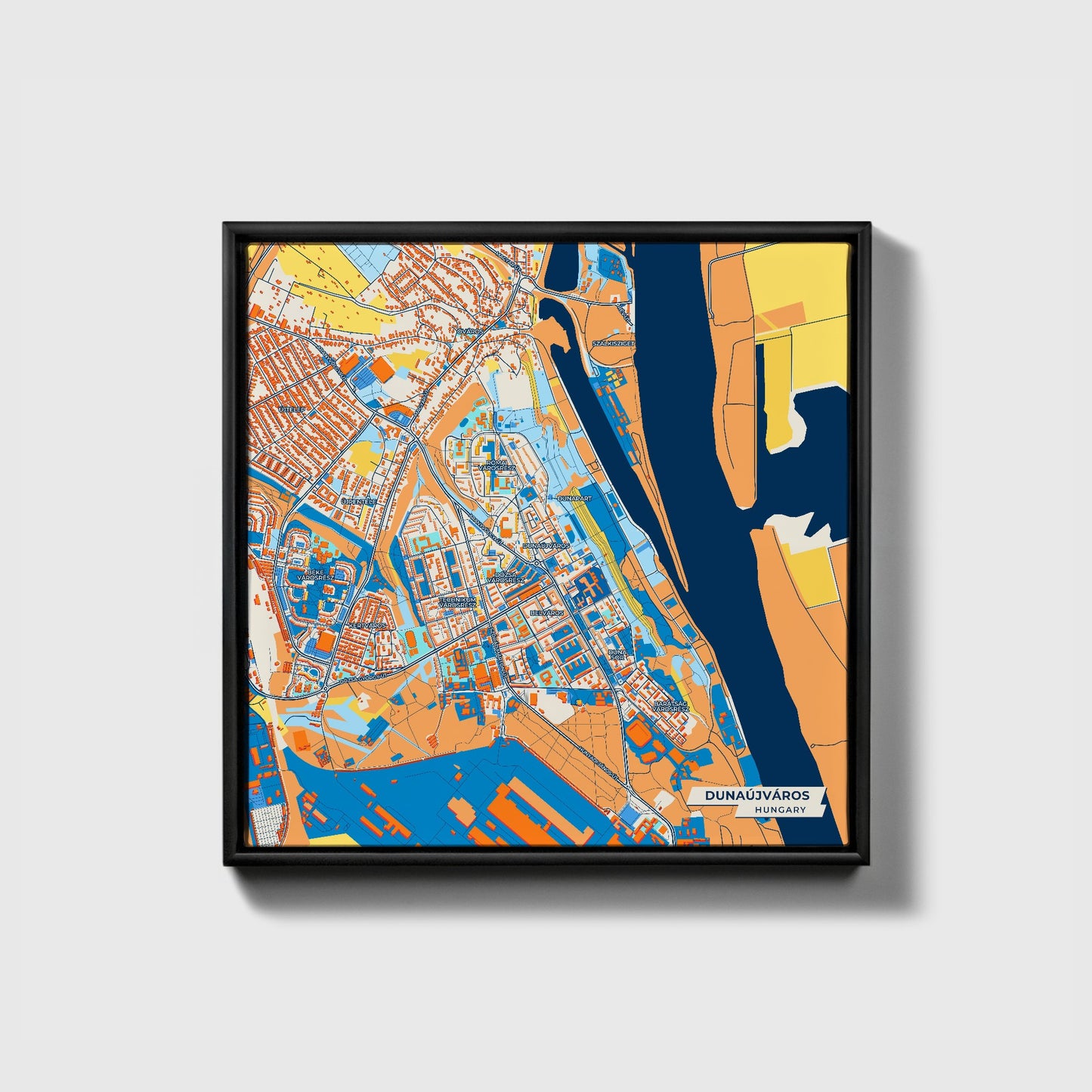 Dunaújváros Hungary Colorful City Map Canvas Print • Black Framed