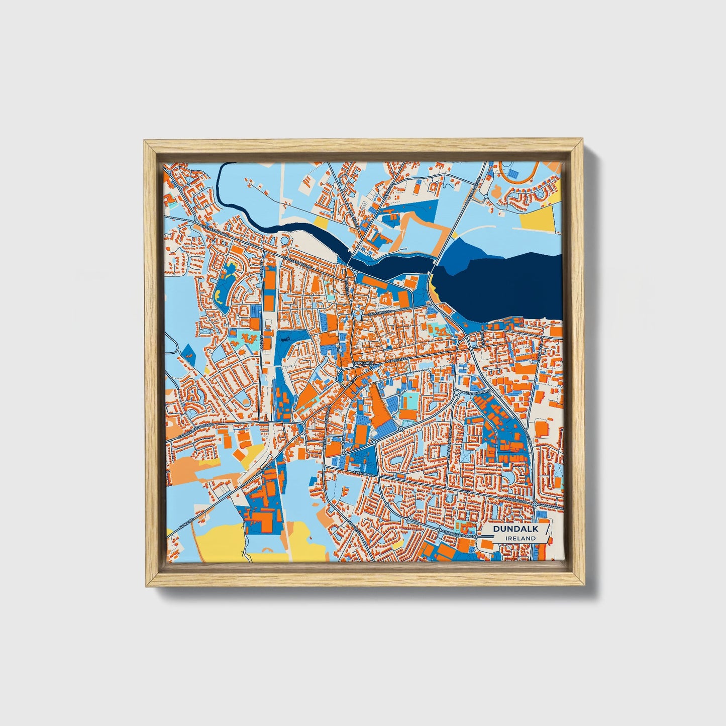 Dundalk Ireland Colorful City Map Canvas Print • Natural Wooden Framed