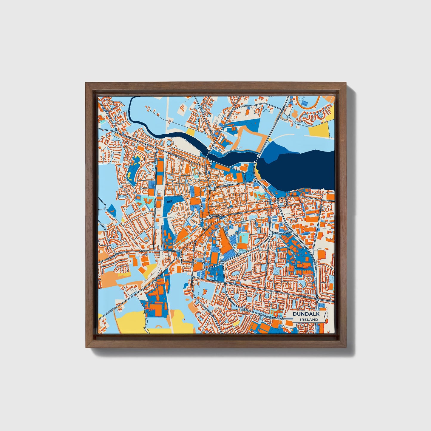 Dundalk Ireland Colorful City Map Canvas Print • Dark Wooden Framed