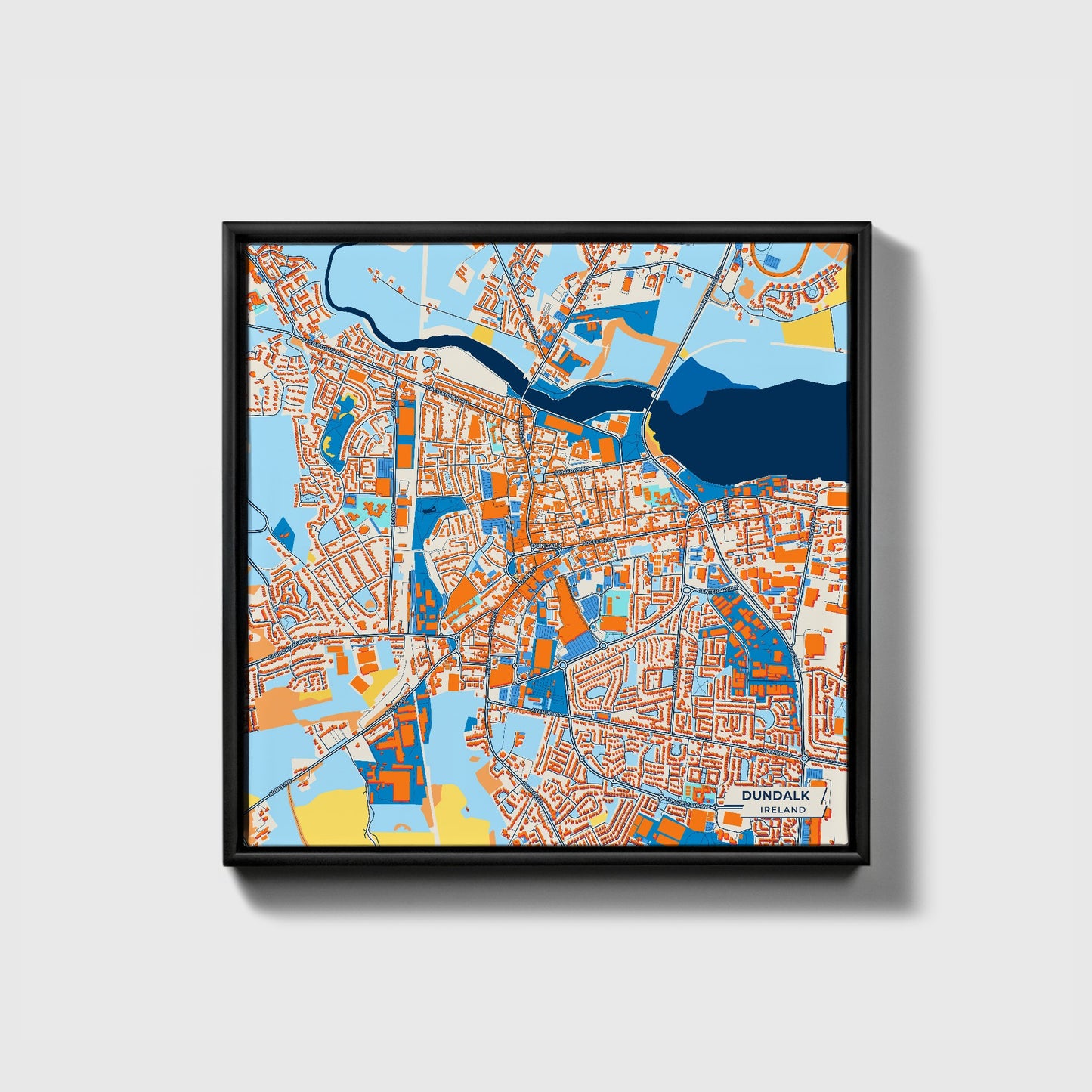 Dundalk Ireland Colorful City Map Canvas Print • Black Framed