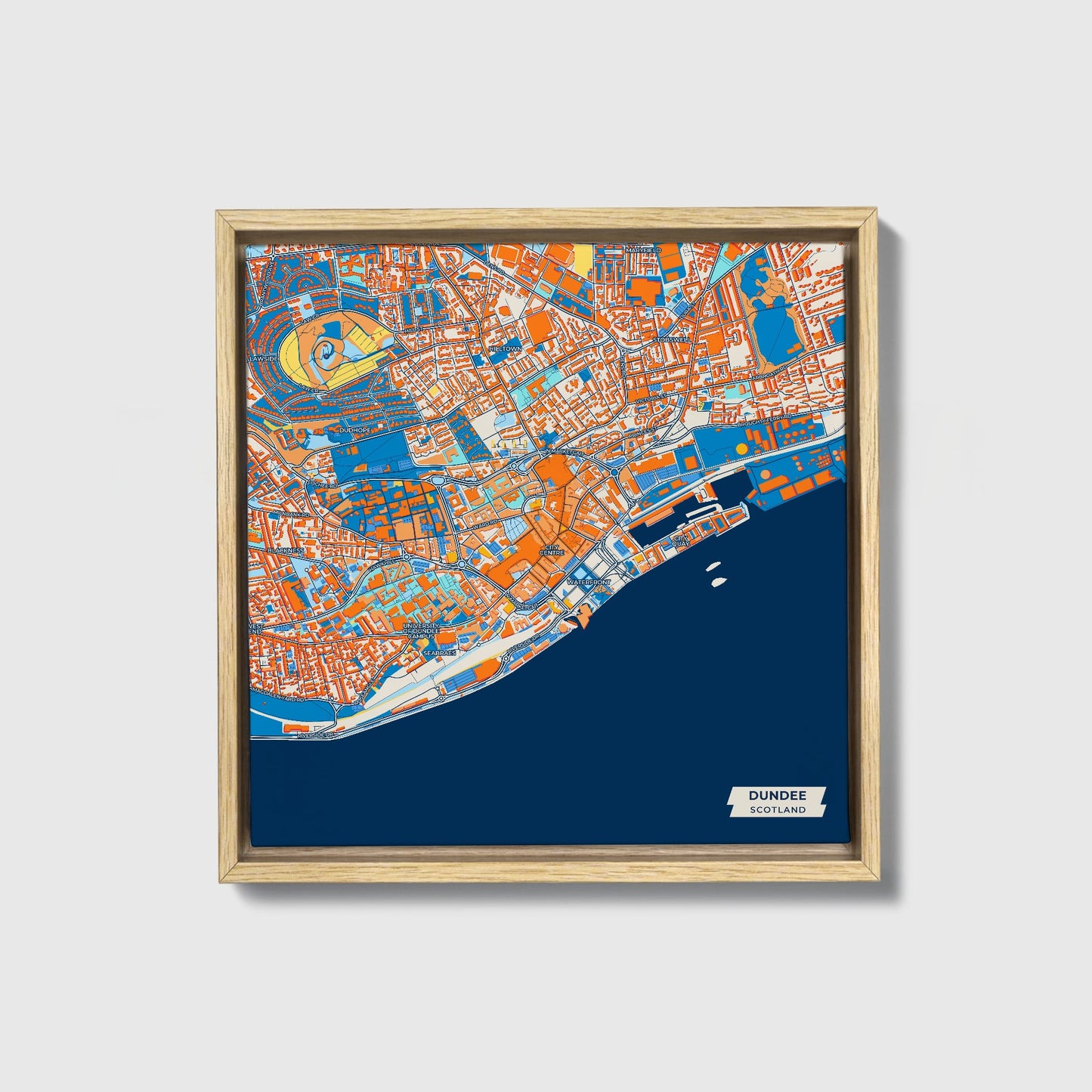 Dundee Scotland Colorful City Map Canvas Print • Natural Wooden Framed
