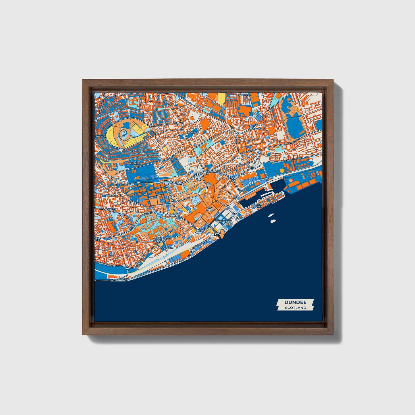 Dundee Scotland Colorful City Map Canvas Print • Dark Wooden Framed