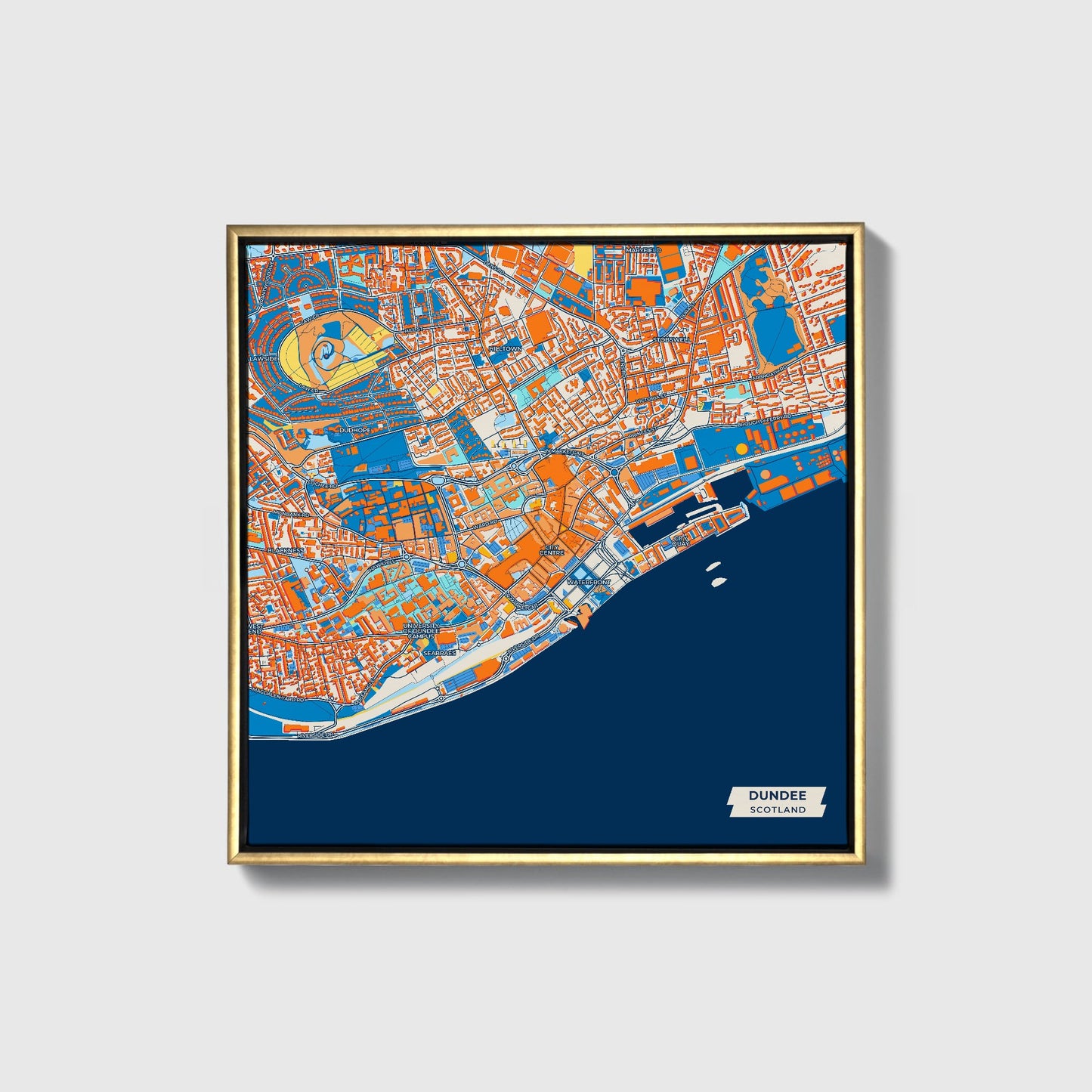Dundee Scotland Colorful City Map Canvas Print • Gold Framed