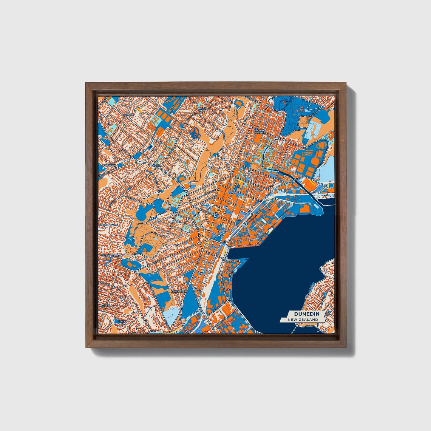 Dunedin New Zealand Colorful City Map Canvas Print • Dark Wooden Framed