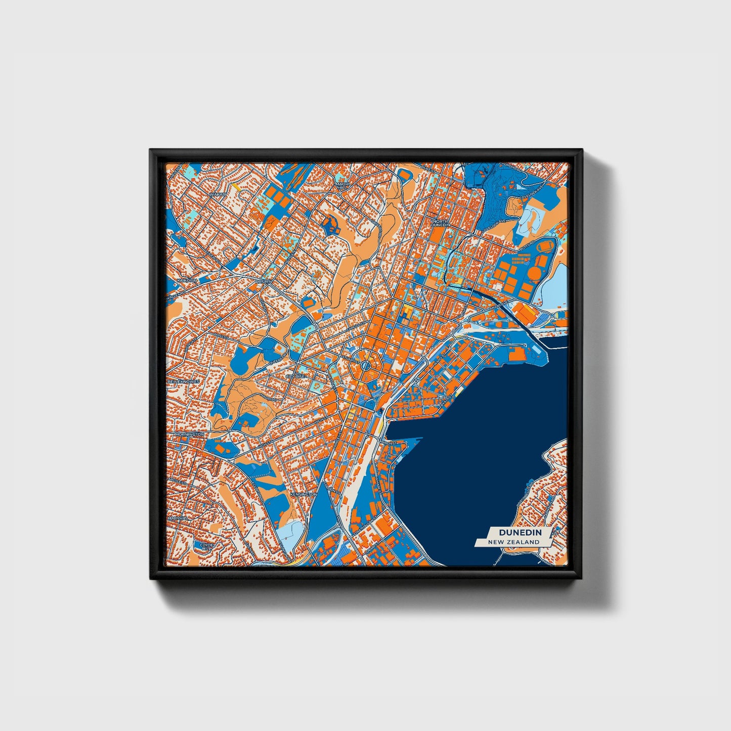 Dunedin New Zealand Colorful City Map Canvas Print • Black Framed