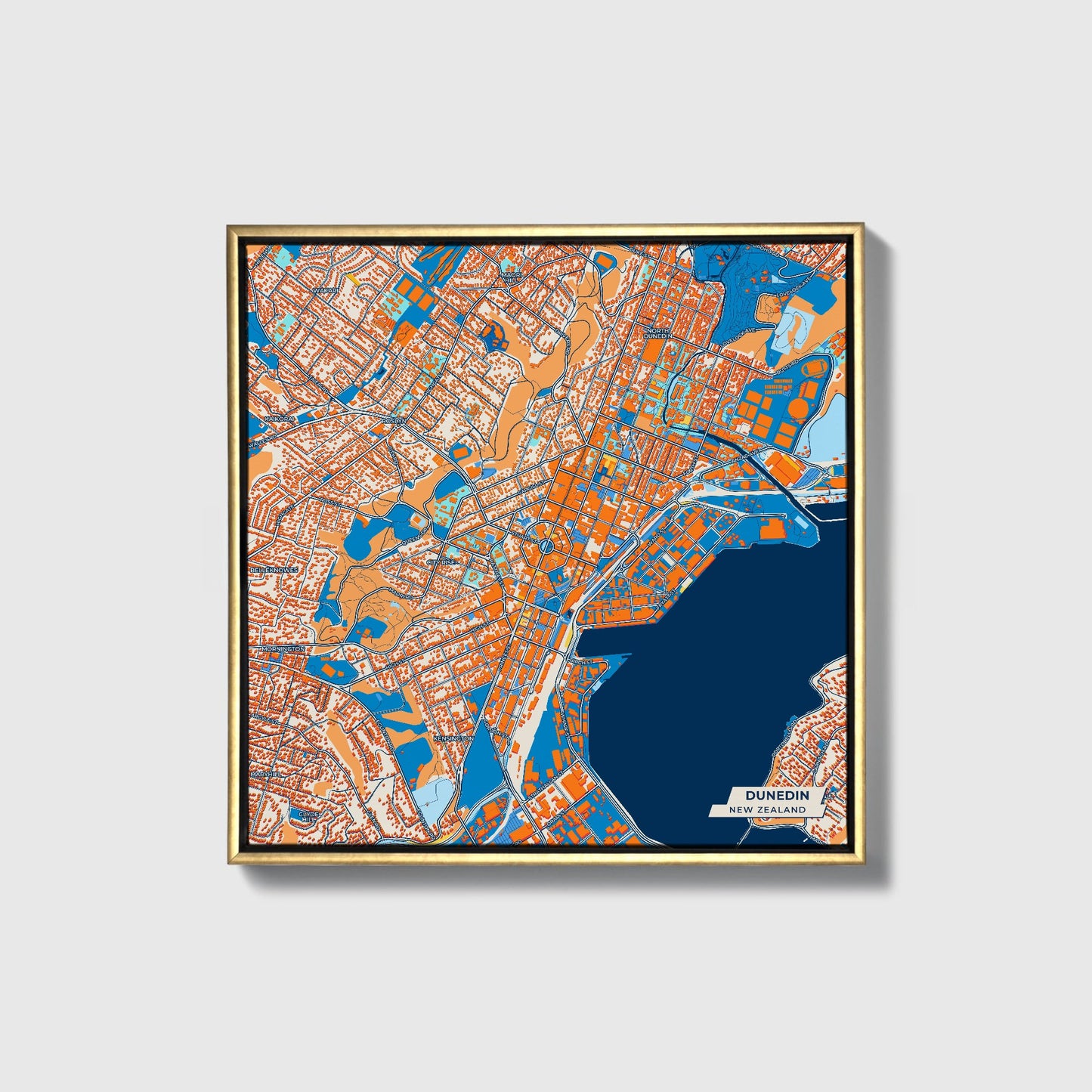Dunedin New Zealand Colorful City Map Canvas Print • Gold Framed