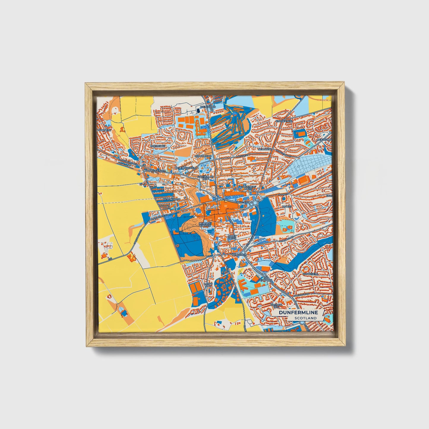 Dunfermline Scotland Colorful City Map Canvas Print • Natural Wooden Framed