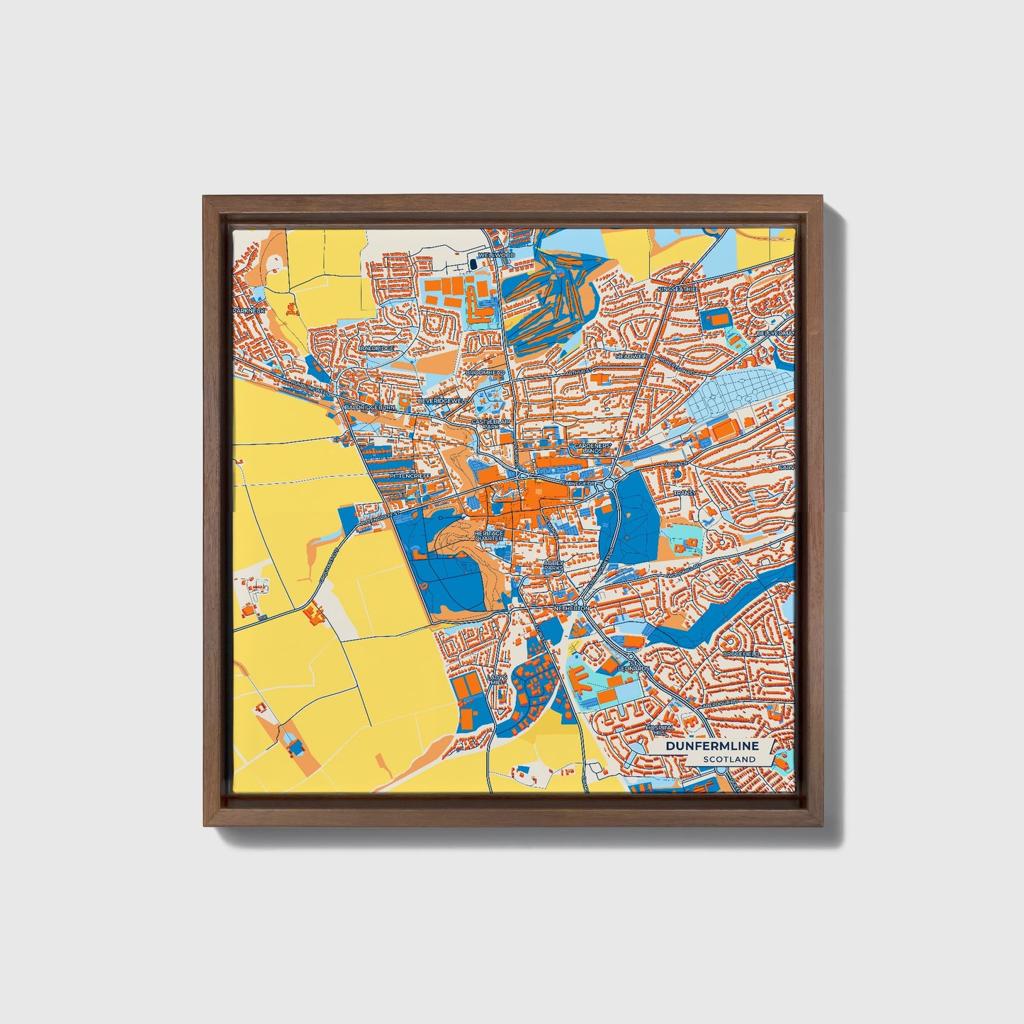 Dunfermline Scotland Colorful City Map Canvas Print • Dark Wooden Framed