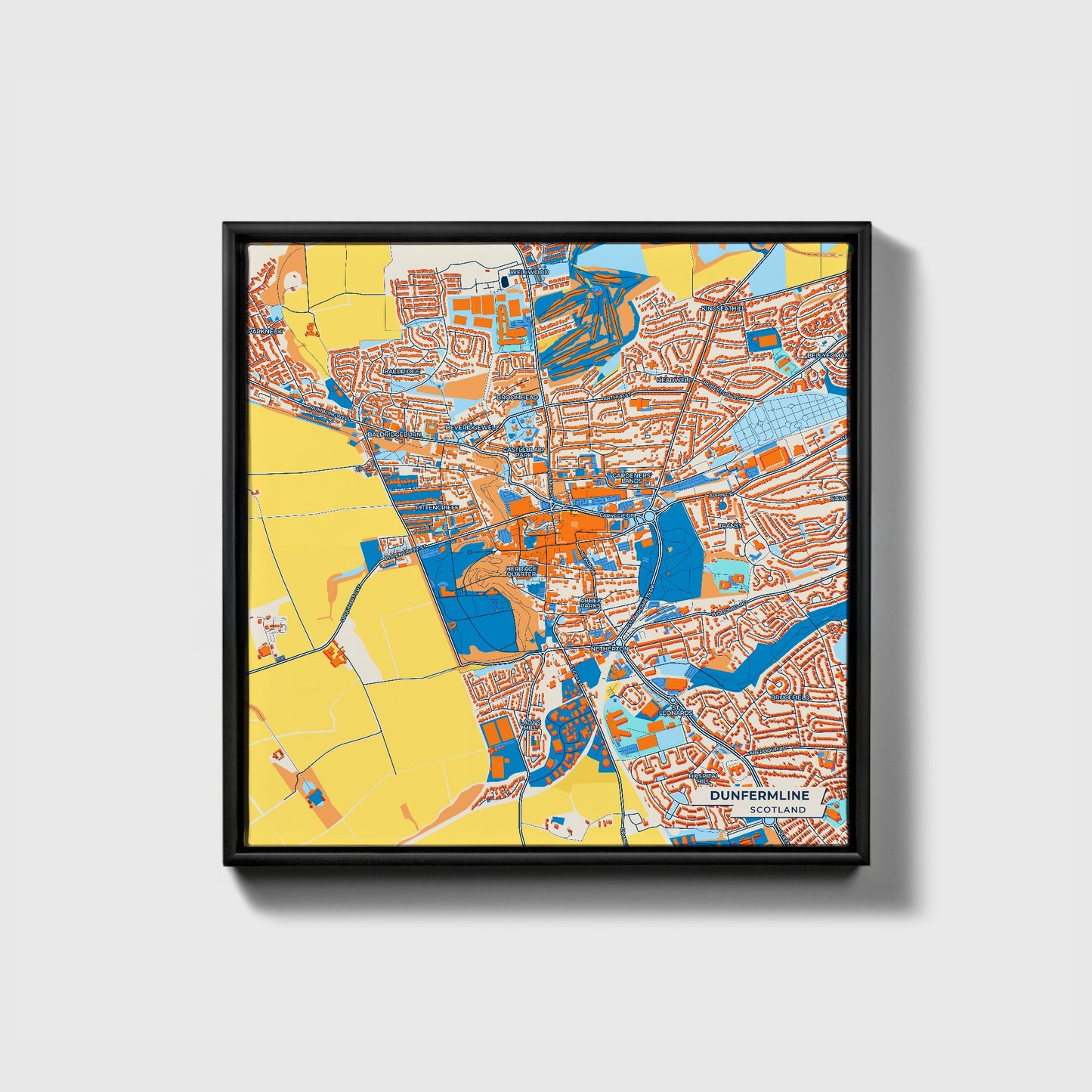 Dunfermline Scotland Colorful City Map Canvas Print • Black Framed